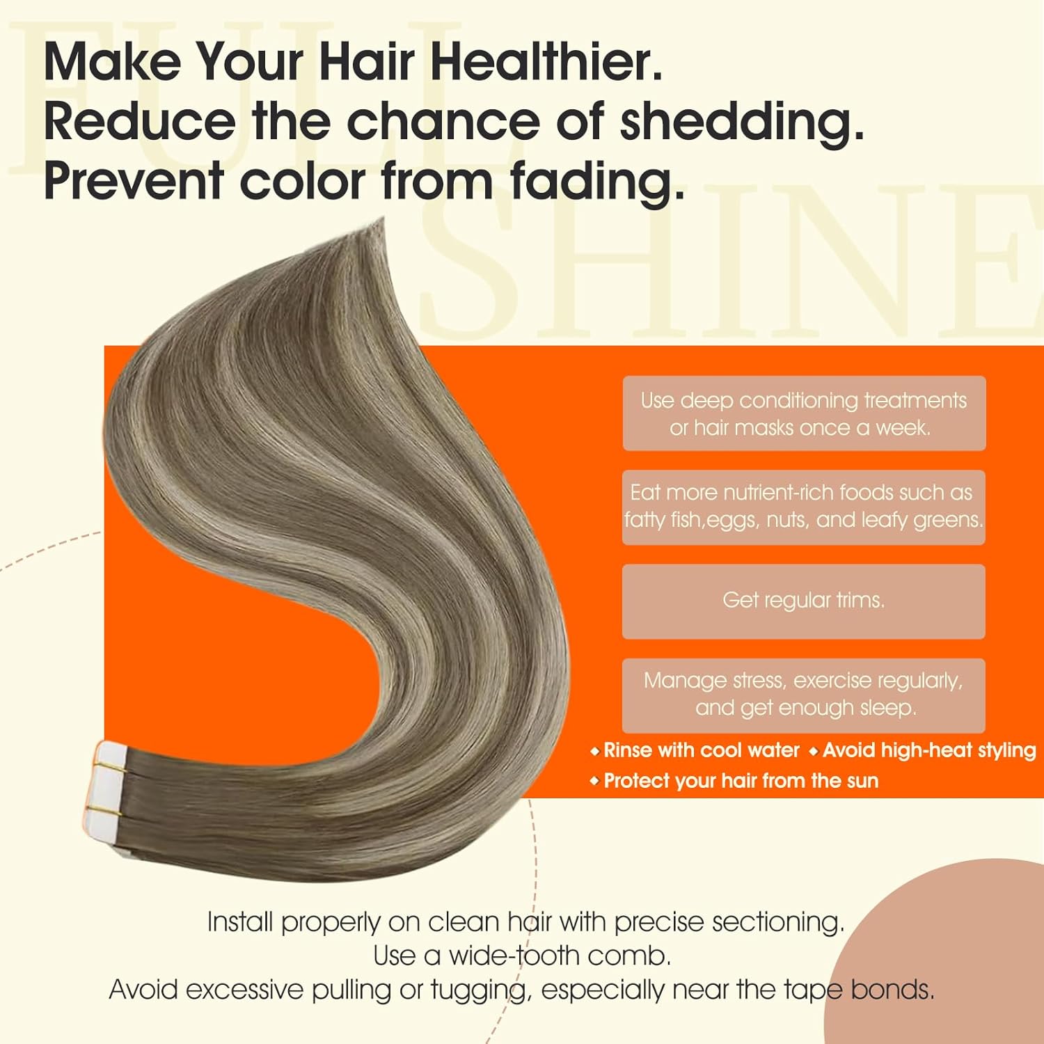 Diagram illustrating the steps for replacing tape tabs on hair extensions, including removing backing, positioning, applying pressure, and reapplication methods.