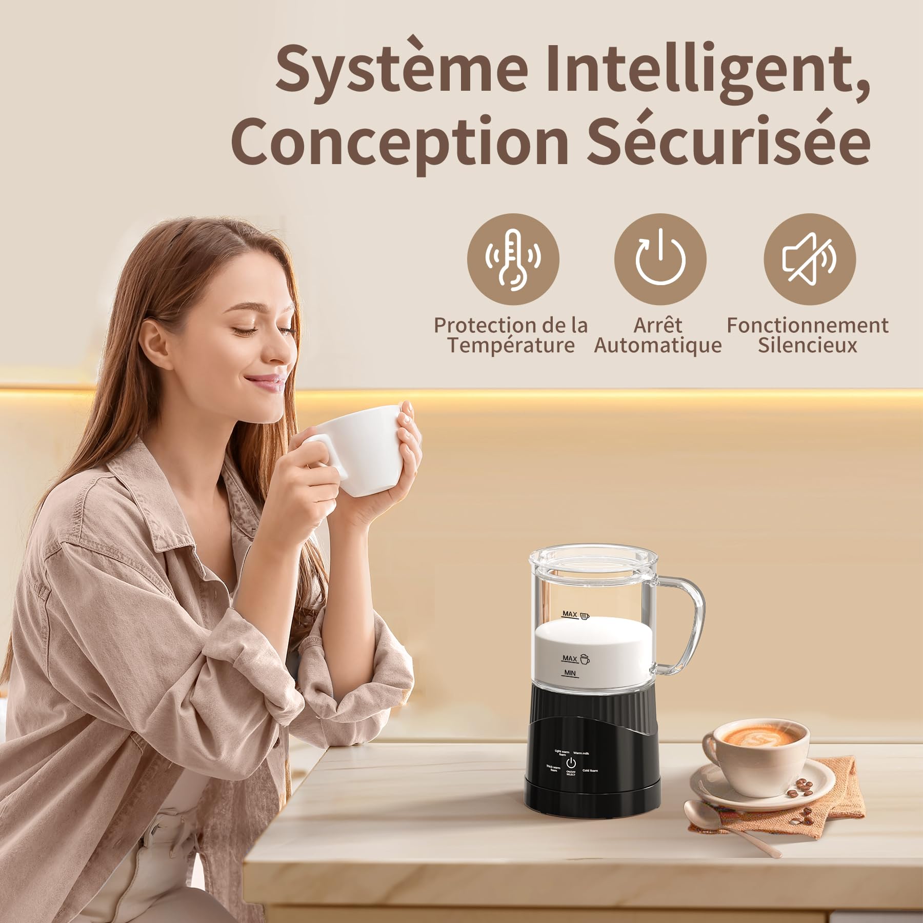 OMISOON Mousseur à lait électrique 4 en 1 400 ml, mousseur à lait automatique à induction 500 W, arrêt automatique, pour mousse de lait chaude et froide, latte macchiato, cappuccino, noir
