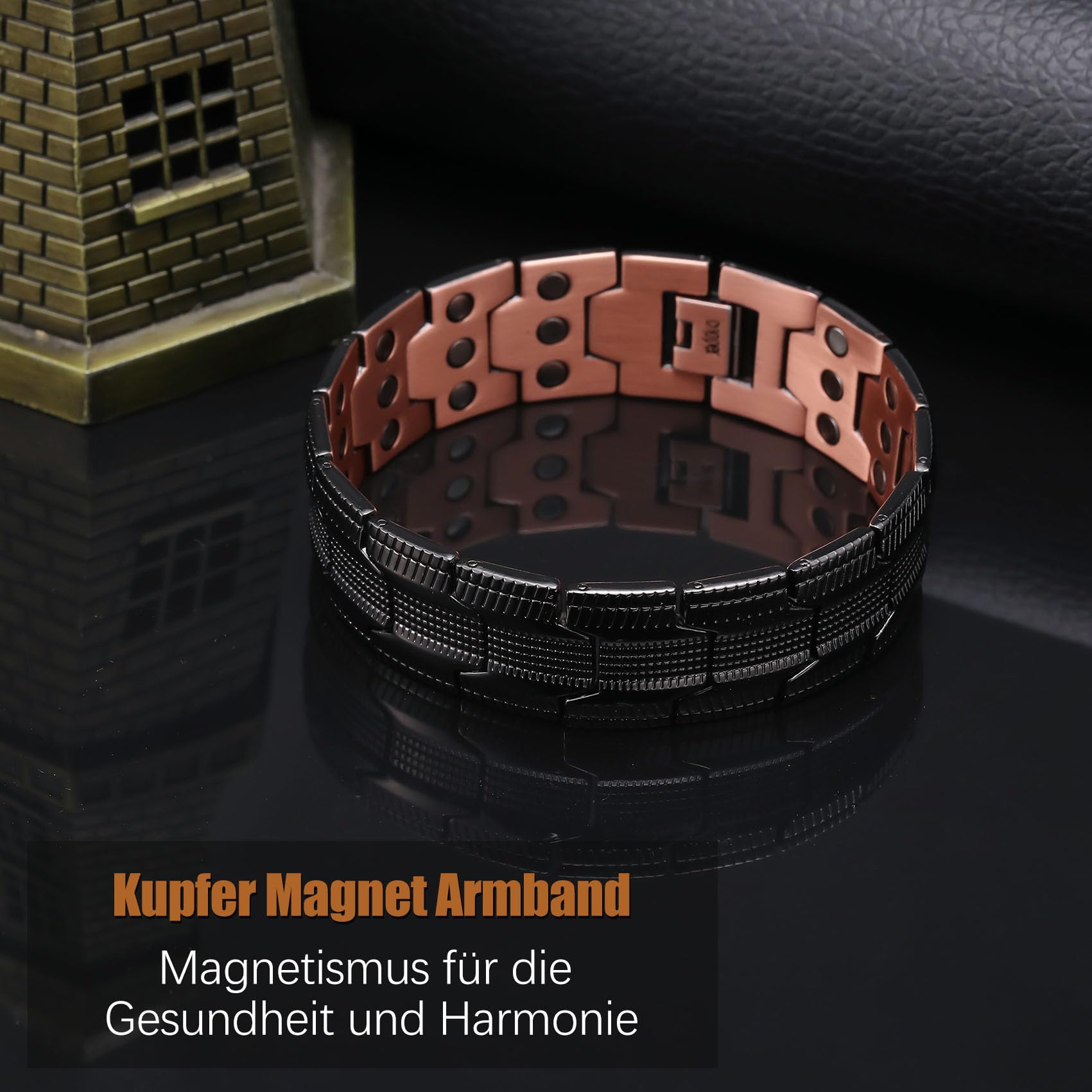 Jecanori Bracelet magnétique en cuivre pour homme, 3 rangées magnétiques réglables pour homme, bracelet en cuivre 3500 gauss aimants, anneaux et boîtes cadeaux (noir), 22 cm, Cuivre