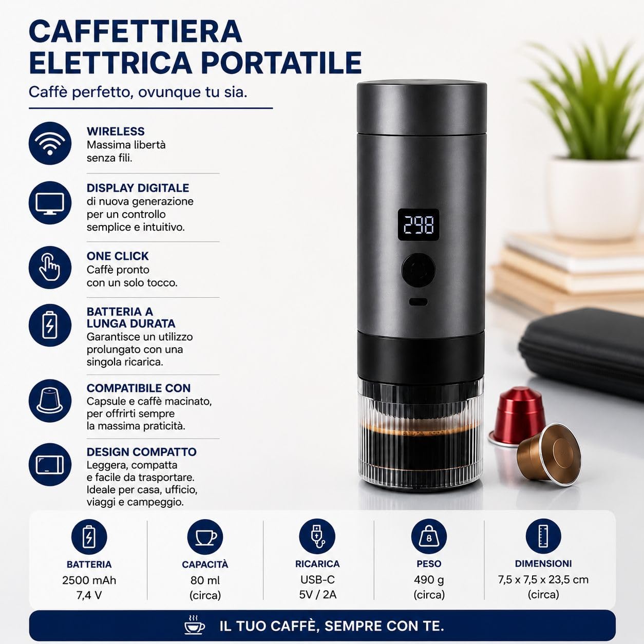 Caffettiera Elettrica Portatile Ricaricabile USB-C 2 in 1 – Compatibile con Capsule e Caffè Macinato, Display Digitale, Wireless, Macchina da Caffè da Viaggio per Auto, Campeggio, Ufficio e Outdoor