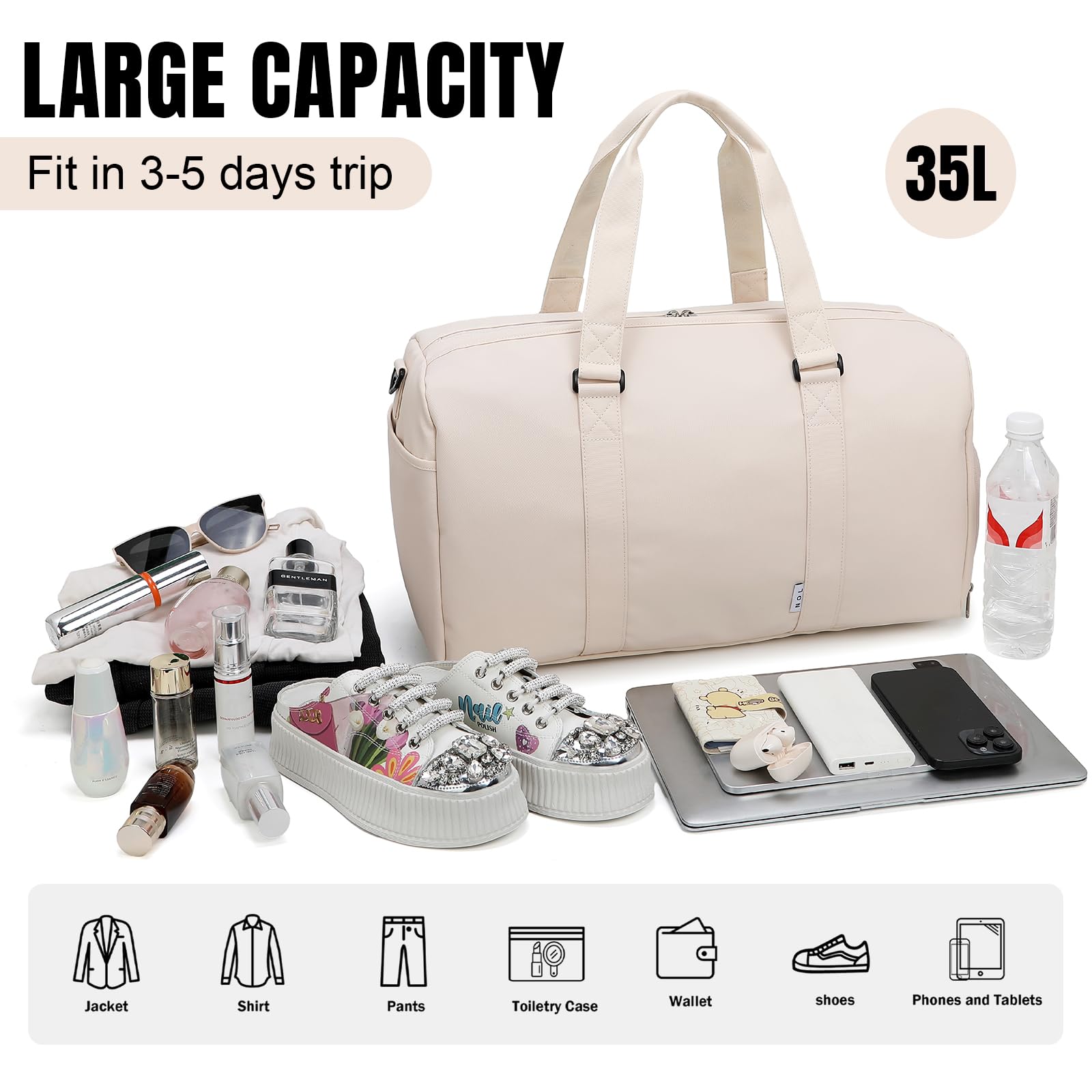 NOL Sports Turnbeutel für Damen und Herren, Seesack für Reisen, wasserdichte Handgepäcktasche mit Schuhfach & Nasstasche, 4, Cream, Modern