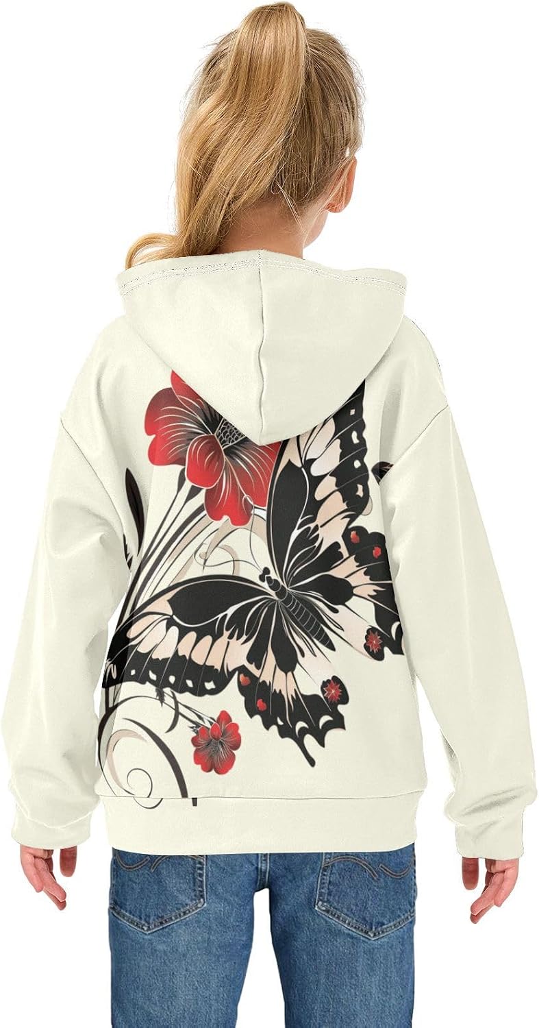 ALAZA butterfly Red Flower Floral Hoodies Sweatshirt for Boys Girls Kids Hooded Pullover Top