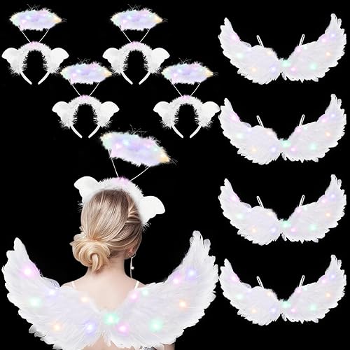 Juego de 4 alas de ángel iluminadas y diadema, disfraz de alas de ángel blancas para niñas, alas de plumas de ángel LED para niños, mujeres,