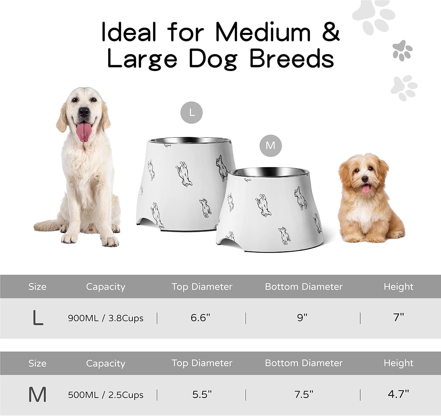 Flexzion Elevated Dog Bowl - Single Elevated Dog Bowls for Small Medium Dogs, Non-Slip and Comfortable - Stainless Steel Dish Dog Bowl with Stand 600ml Capacity for Food, Water - White/Bulldog