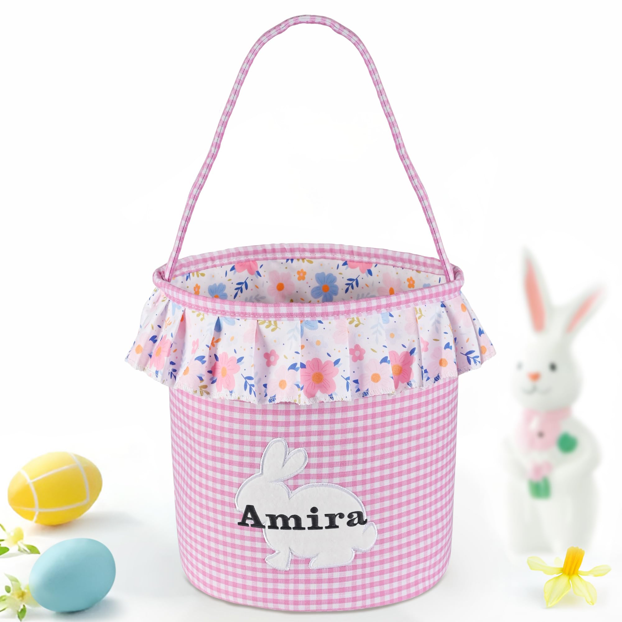 Easter Basket, Lynasoi Easter Bunny Basket, Personalized Easter Baskets for Kids, Easter Gifts Basket for Girls Baby Children - Pink Grid