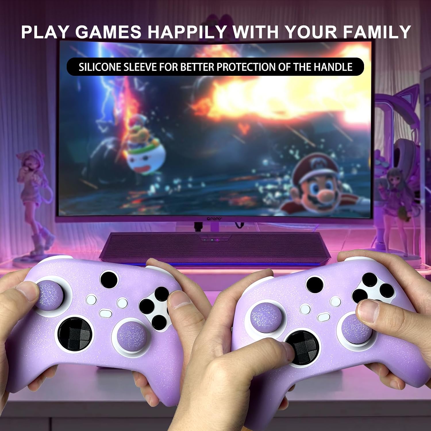 Purple Glitter Anti-Slip Protective Silicone Cover Skin Grips for Xbox Series X/S Controller,8 PCS Glitter Thumb Grips Caps and 2 Grips Caps.