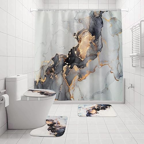 Miniatura 8 de yuuzue Juego de 4 cortinas de ducha, juego de baño con cortina de ducha y tapetes, juego de accesorios de baño con 12 ganchos, juego de decoración