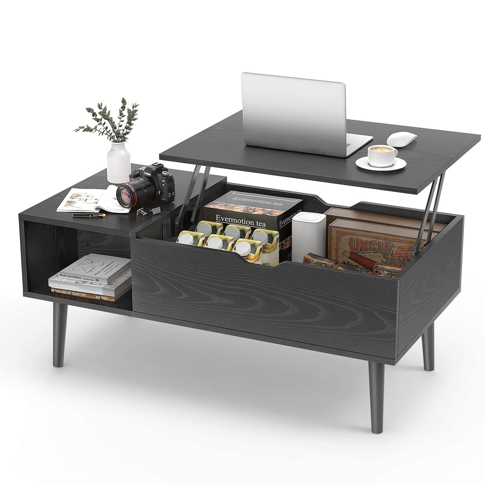 CUANBOZAM Lift Top Wooden Coffee Tables for Living Room, Coffee Table with Storage Shelf and Hidden Compartment, Lift Top Dining Table Coffee Table, Black