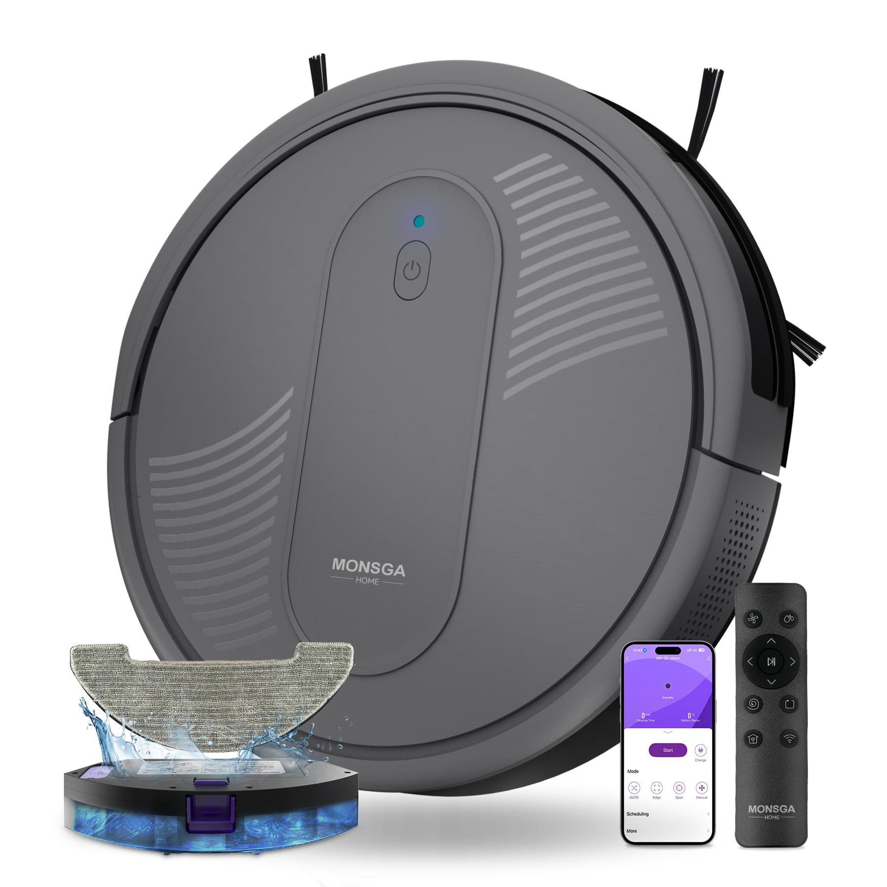 MONSGA Robot Aspirador,Robot Aspirador y Fregasuelos 4000Pa Presión de Succión, Autonomía 140 Minutos, Sensores Anticaídas y Cepillo Multifunción, TotalSurface, App Control (Gris Oscuro)