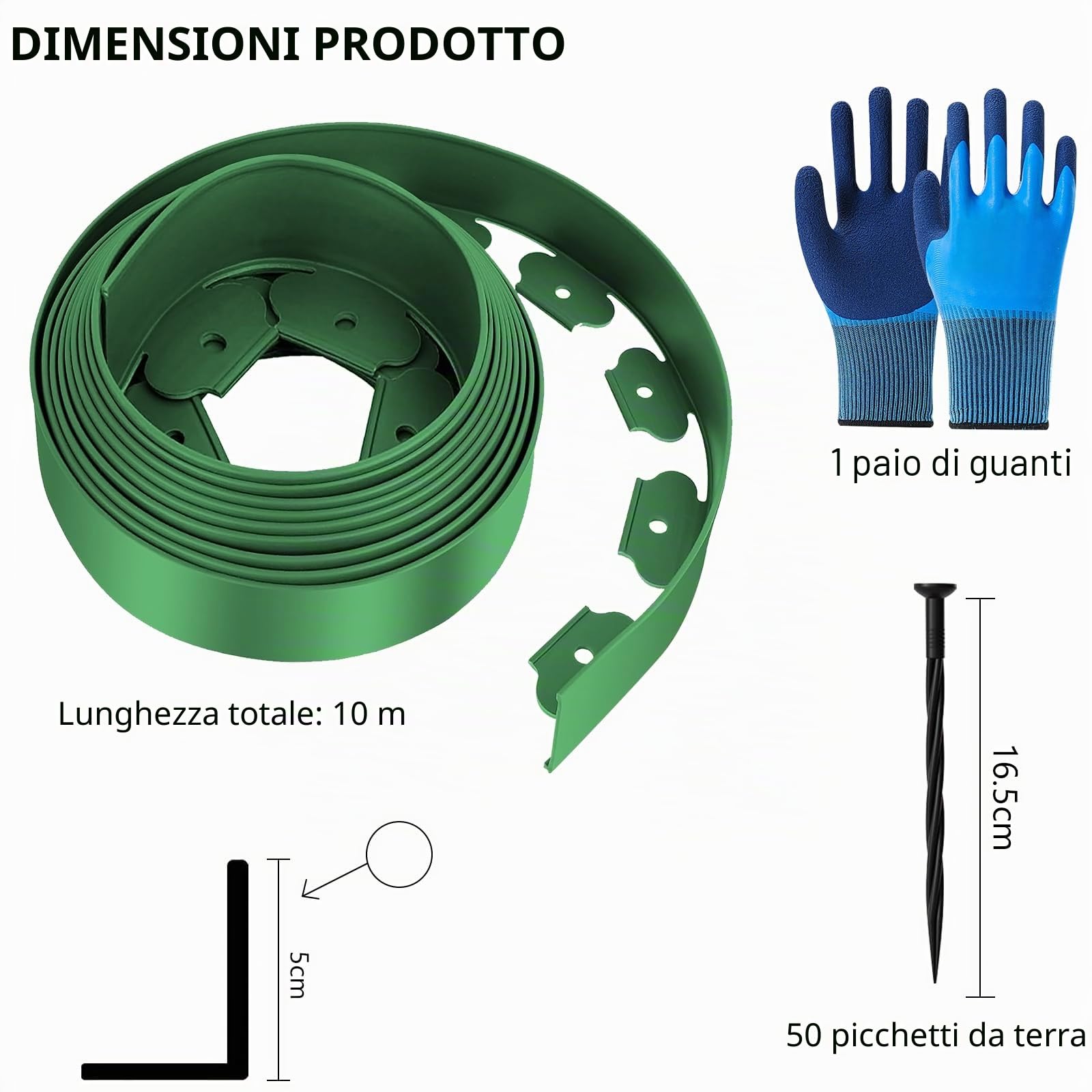 Bordura per Aiuola flessibile, Bordi per Aiuole Giardino, lunghezza 10 m, altezza 5 cm, Bordatura Giardino con 50 Picchetti e 1 paio di Guanti, Verde