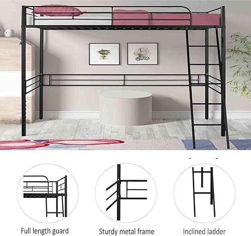 Miniatura 3 de Base de cama de metal tipo loft con escalera y barandilla de seguridad, marco de cama moderno de plataforma individual con espacio debajo de la cama