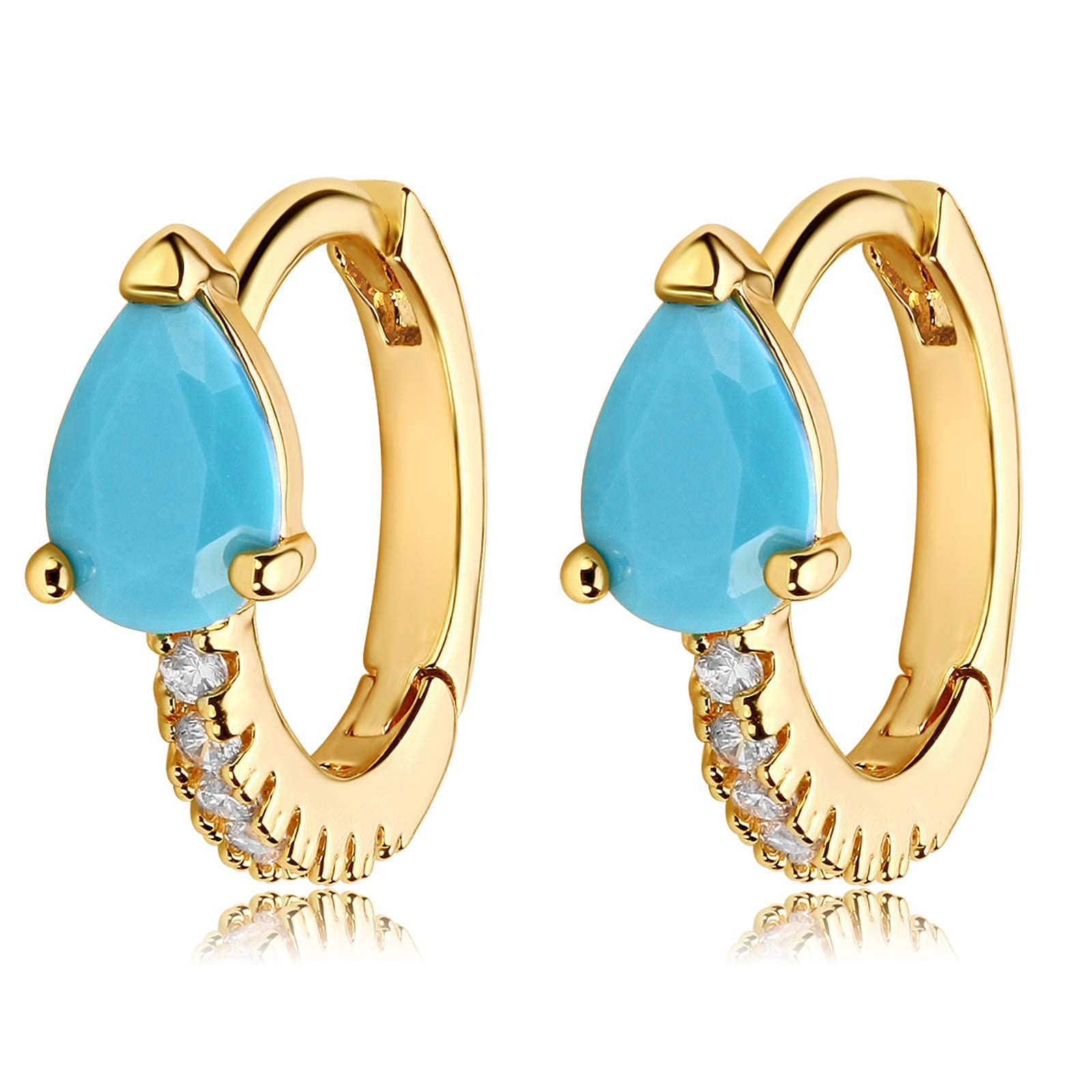 WEARON Dainty Huggie Hoop Earrings 14K Gold Plated Charm Tiny Cute Turquoise Hoop Earrings Evil Eye Cubic Zirconia Cuff Earrings Women Minimalist Personalized Gift for Her