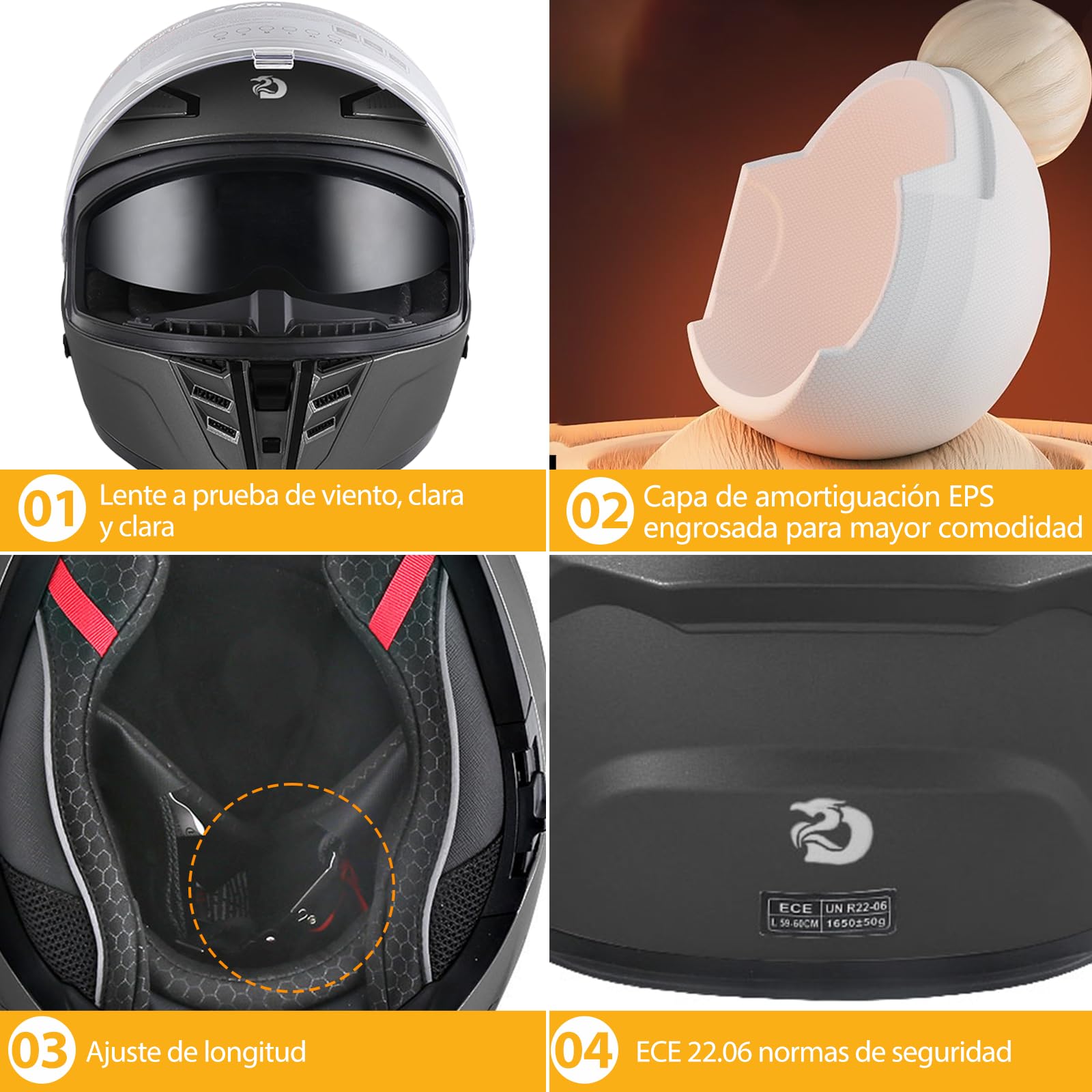 DAWNRISE Casco Integral Moto ECE 22.06 Doble Visera Unisex | Casco integral moto unisex con ABS resistente, EPS antiimpacto, doble visera y 4 ventilaciones para mayor comodidad.