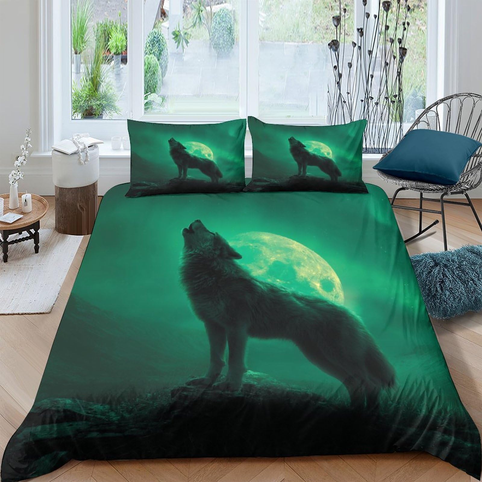 Ctjqhvkz Style-5 3D Printed Wolf Moon Fitted Sheet Microfiber Soft Breathable Forest Green Mattress Cover For Bedroom Dorm Decor Single（135X200cm）