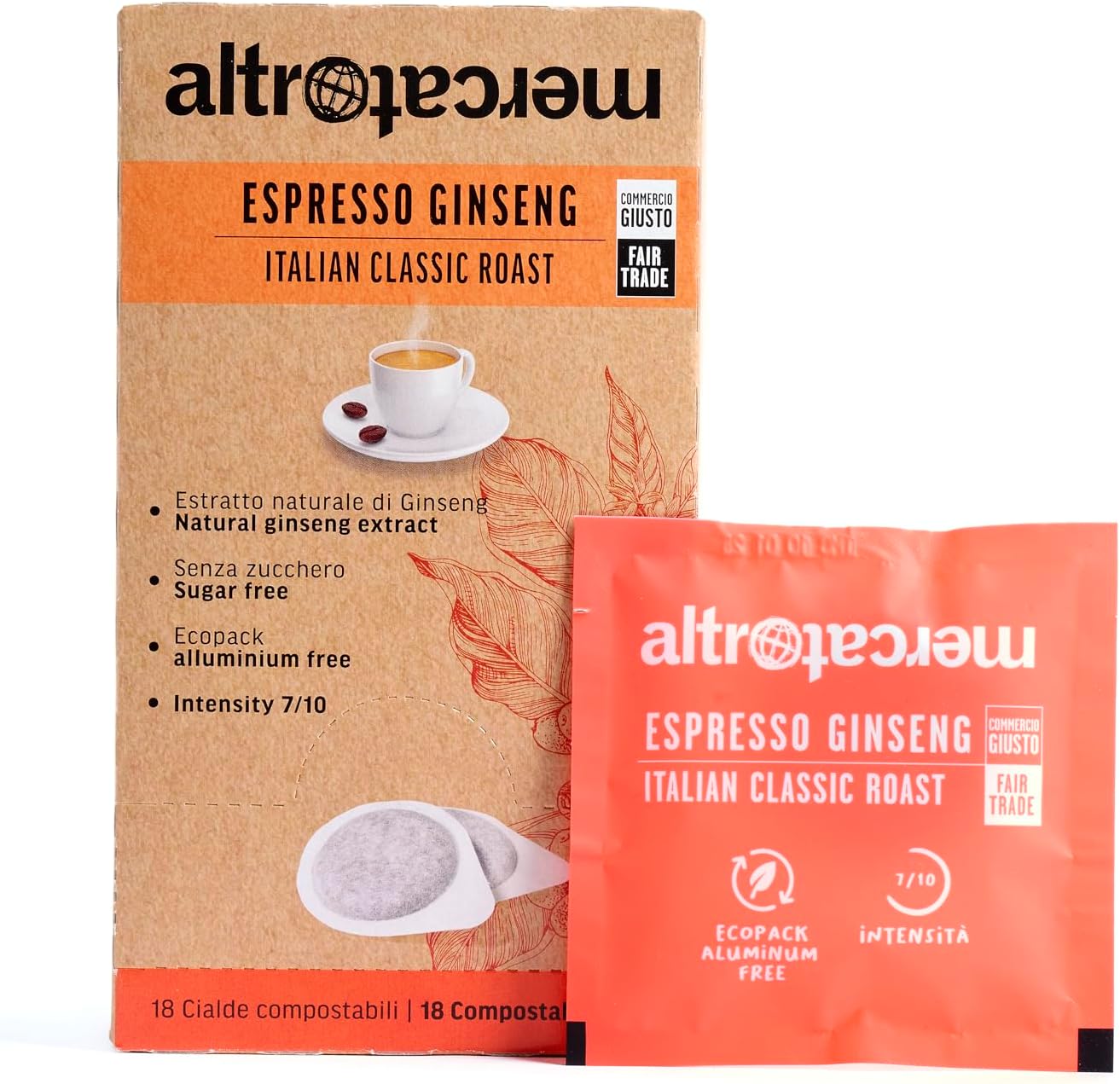 ALTROMERCATO - Caffé Espresso Ginseng - 18 cialde X 7 gr - senza zucchero - con estratto naturale di Ginseng - Cialde biodegradabili