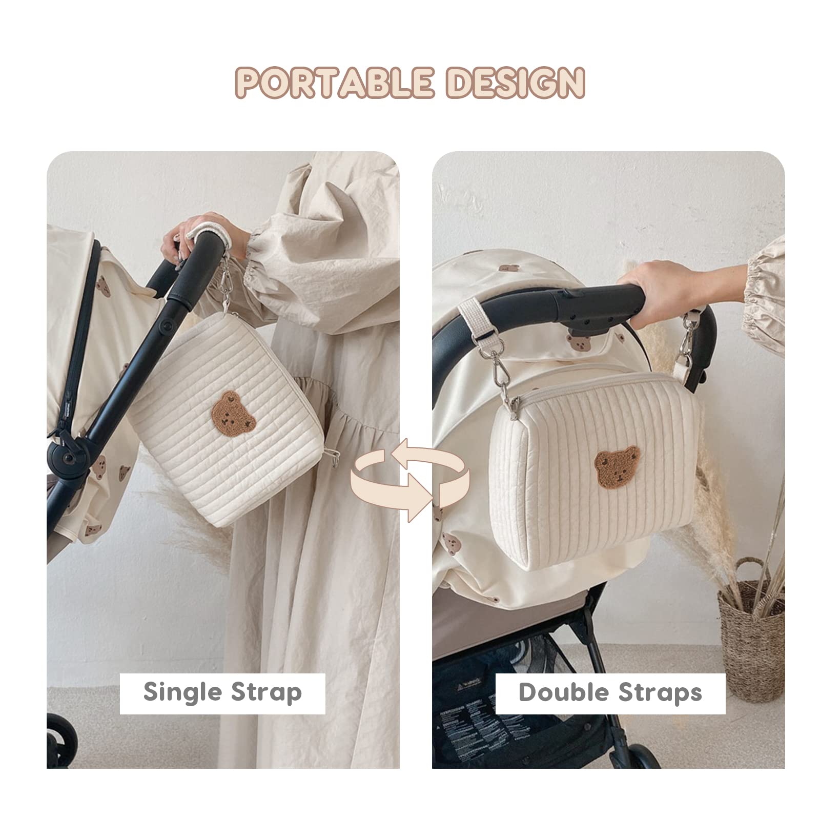 SONARIN Leggero Borsa Organizer per Passeggino,Multifunzionale Elegante Ricamo Borsa Passeggino Universale Organizzatore per Passeggino Borsa per Carrozzina Borsa Cambio(Orso, 2 Cinghie)
