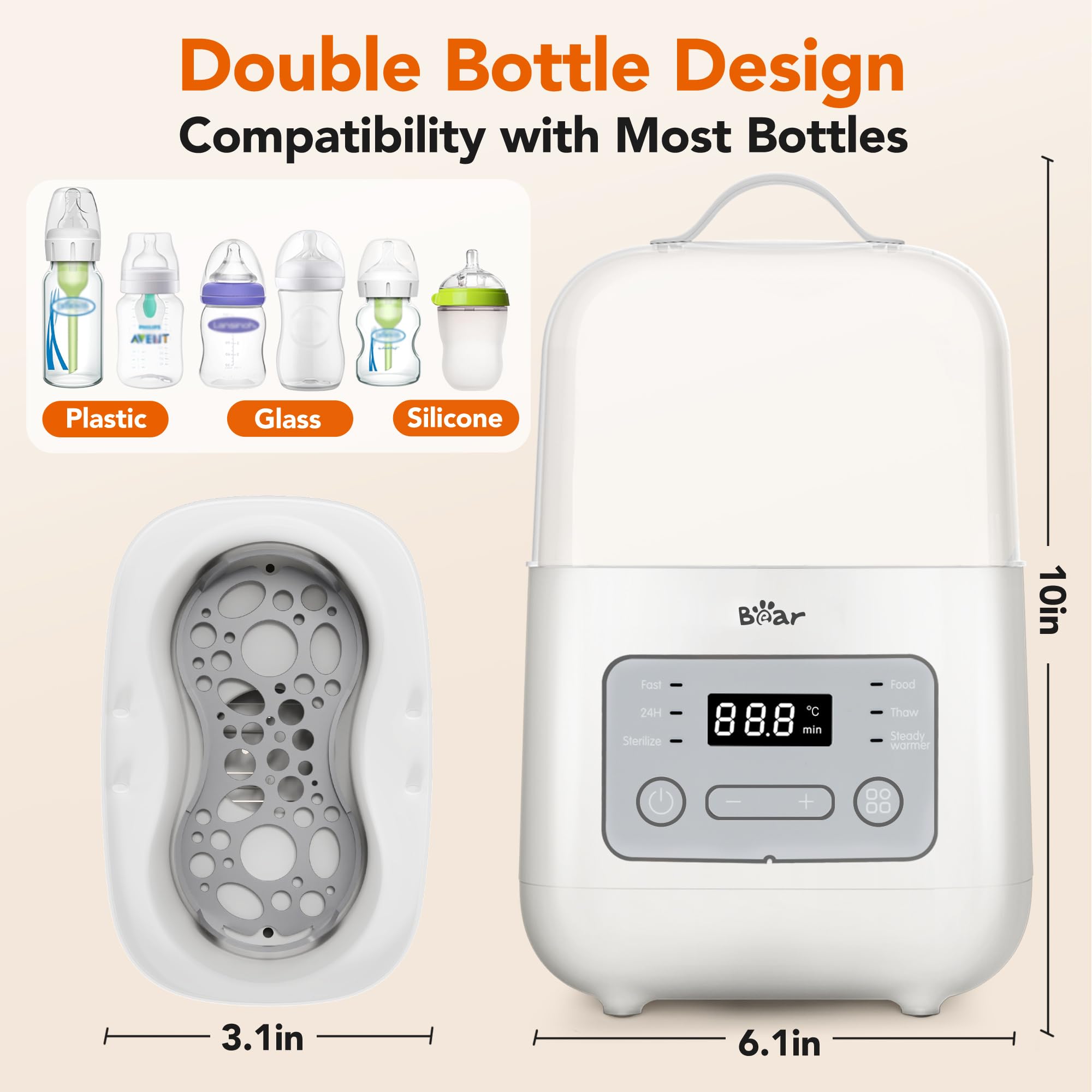 Bear Chauffe-biberon double pour nouveau-né jumeaux | Chauffage rapide à la vapeur, contrôle de la température, réchauffement 24h, bain d'eau, multifonctionnel