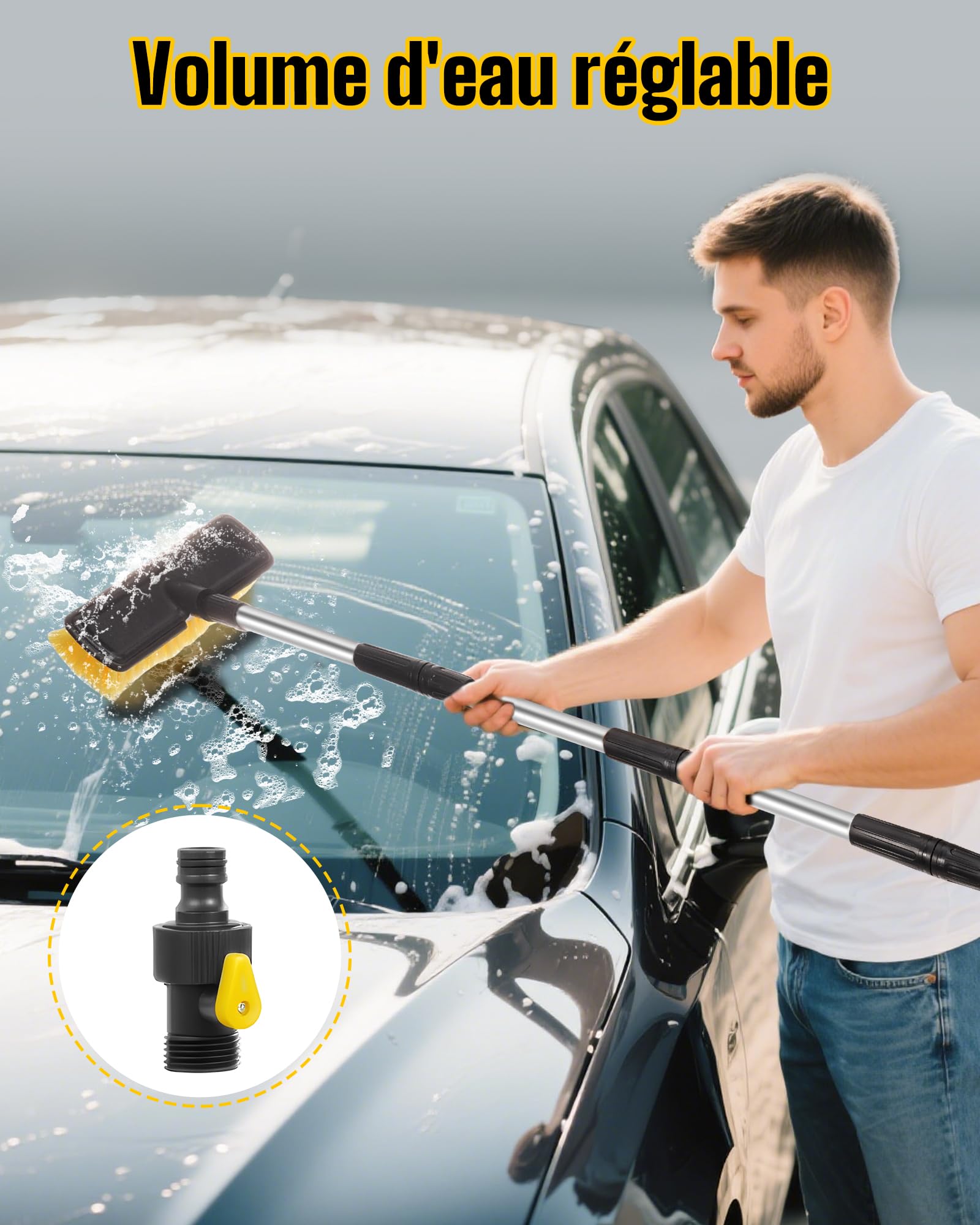 Brosse Lavage Voiture, 65" 165 cm Balai Nettoyage Voiture avec Tête de Vadrouille Remplaçable, Sac de Rangement, Brosse Voiture pour Caravane, Voiture de Plaisance, Camion, Fenêtres