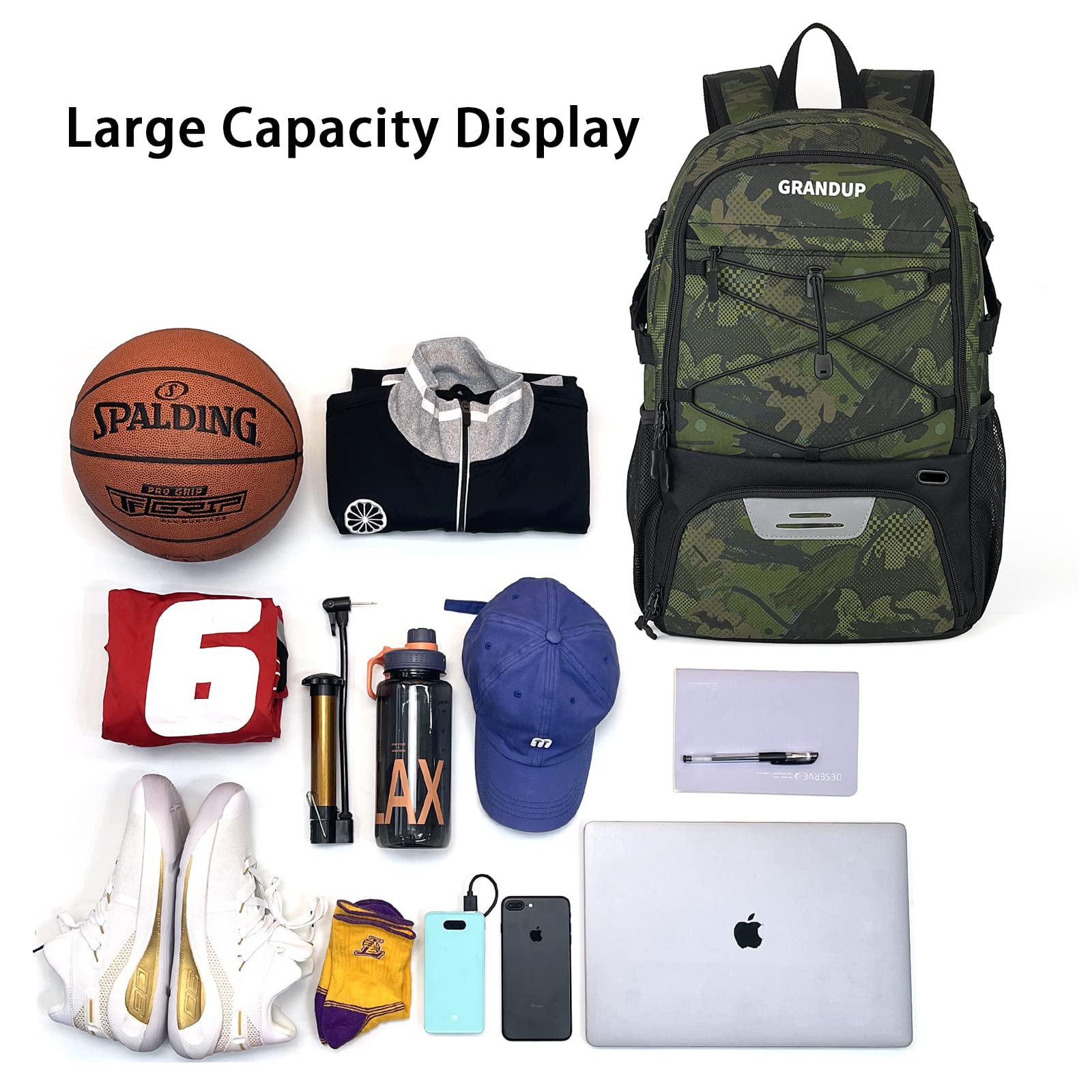 GRANDUP Basketball Backpack with Ball and Shoes Compartment Fit Volleyball, Soccer, Swim, Gym, Travel, and School, Large Capacity Sports Training Equipment Bags