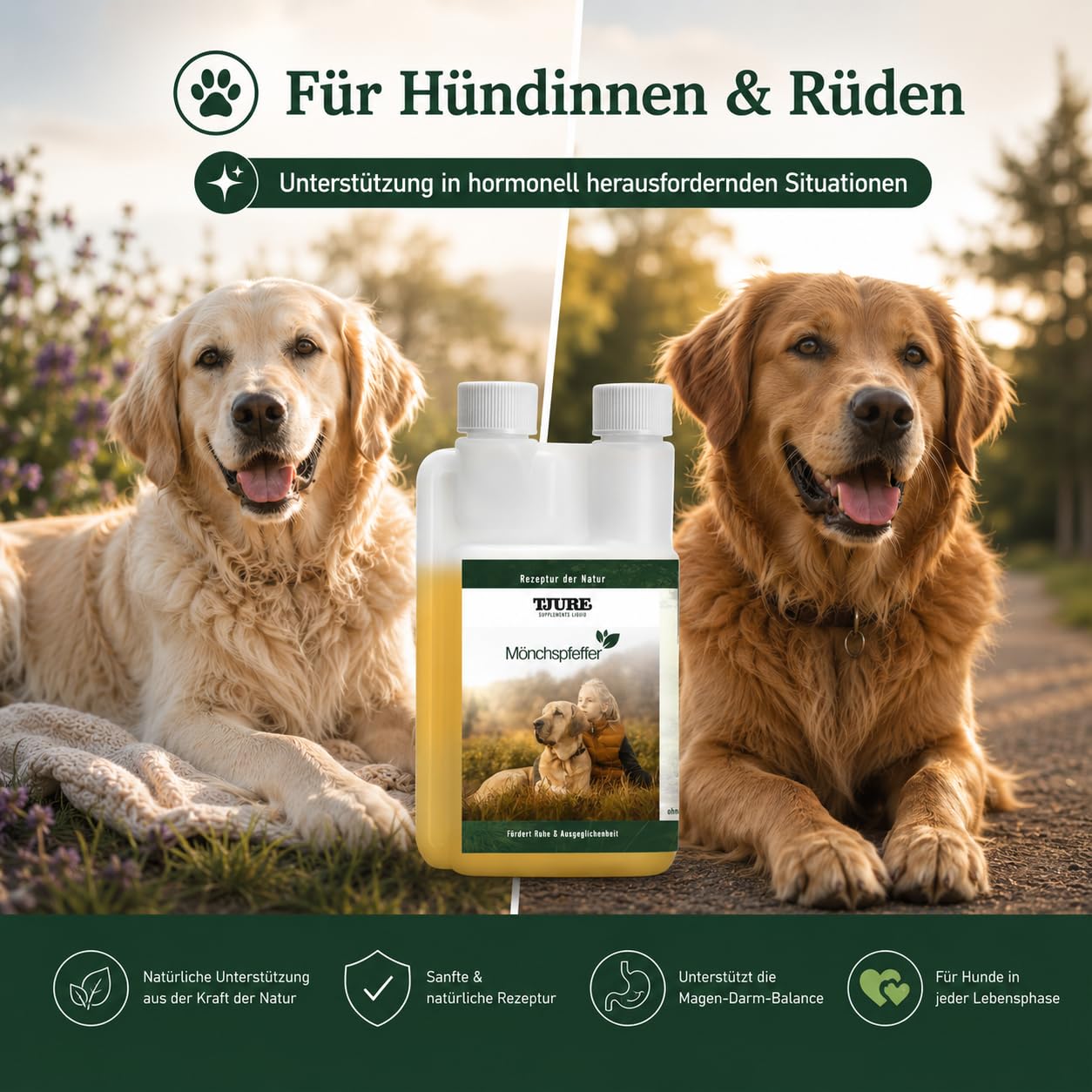 TJURE Mönchspfeffer Liquid für Hunde | 500 ml | Ergänzungsfuttermittel für Hunde mit Mönchspfeffer | Pflanzliche Rezeptur zur Unterstützung in besonderen Phasen | Made in Germany