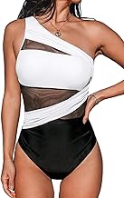 CUPSHE Women One Piece Swimsuit Tummy Control One Piece Swimsuit Ruched Asymmetric Collar Mesh Straps
