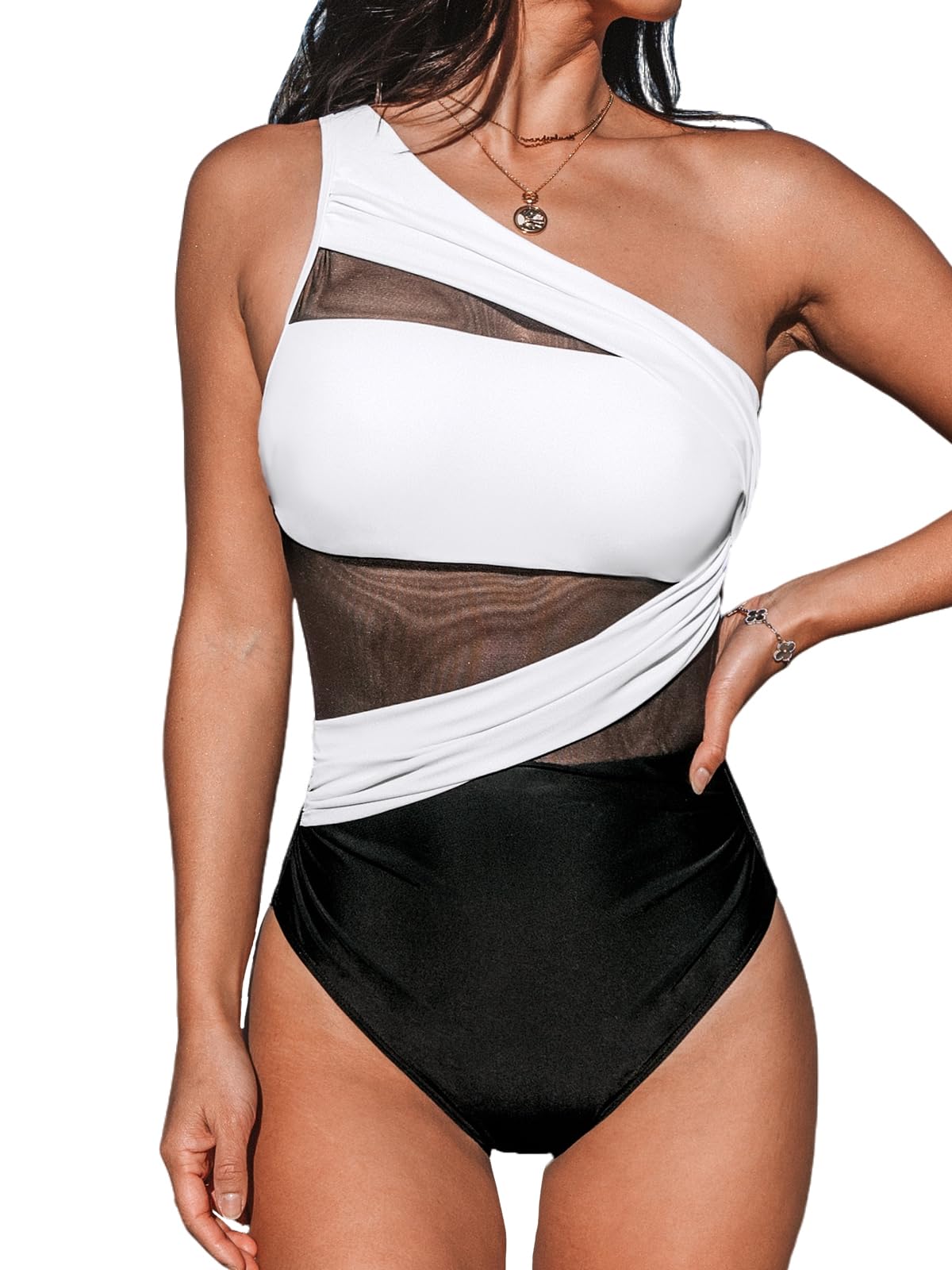 CUPSHE Damen Badeanzug One Shoulder Sheer Netzstoff Geraffte Bauchkontrolle Farbblock Asymmetrische Einteilige Bademode Swimsuit Schwarz/Weiß M