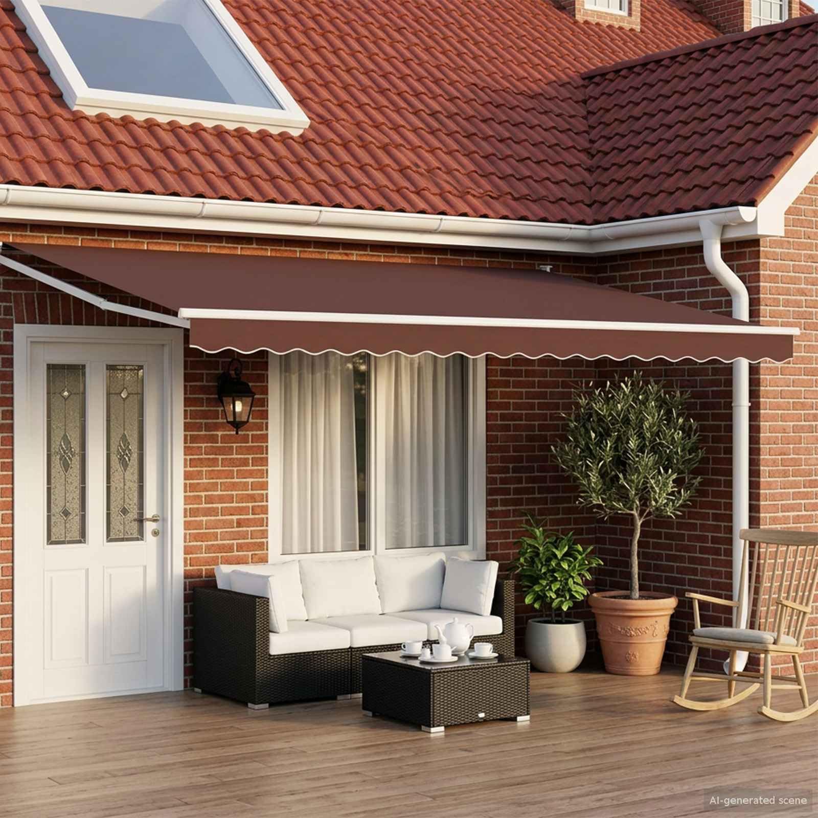 Tenda da Sole Elettrica Estensibile Marrone 4x2 mt Tenda da Esterno Motorizzata con Poliestere Rivestito in PU, Manovella Manuale e Montaggio a Parete, Acciaio Verniciato a Polvere
