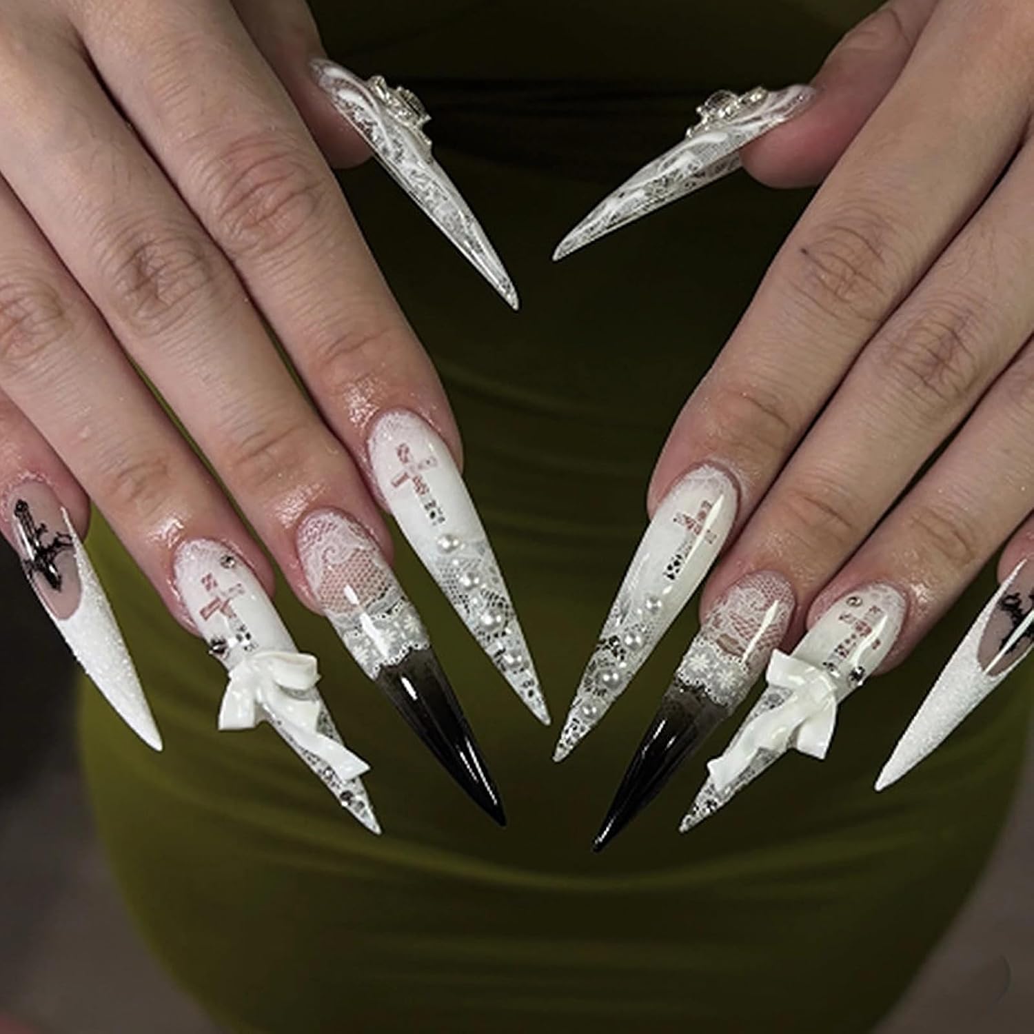 MISUD Long Stiletto Press on Nails - Gothic Charm Design