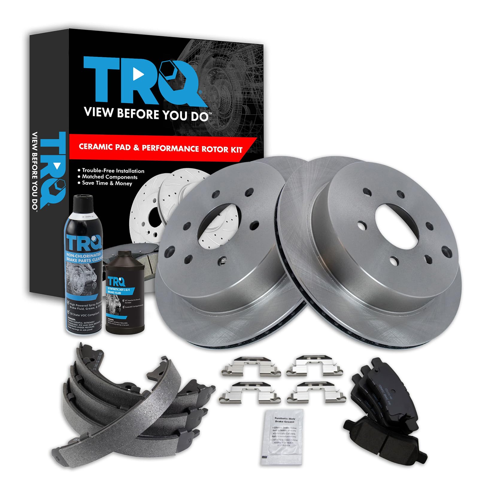 TRQ Rear Brake Pad &amp; Rotor Kit, with Chemical Kit Parking Brake Shoe Set Ceramic Compatible with 2006-2007 Nissan Xterra
