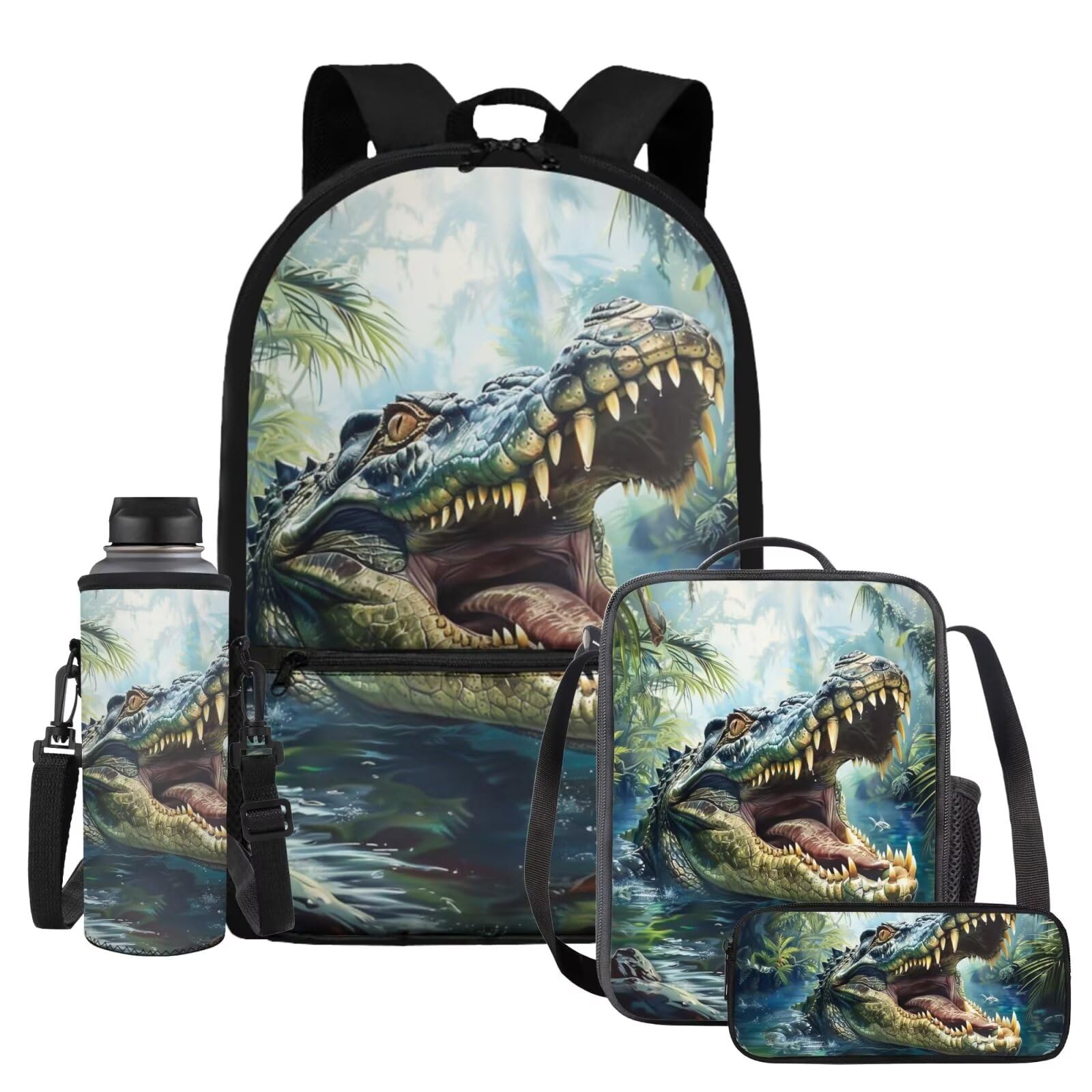 SCRAWLGOD Crocodile Backpack and Lunch Box Set Boys 6-8/5-7 Kids Bookbags for 1st Grade Preppy Schoolbag with Lunch Bag Pencil Case 4PCS Elementary