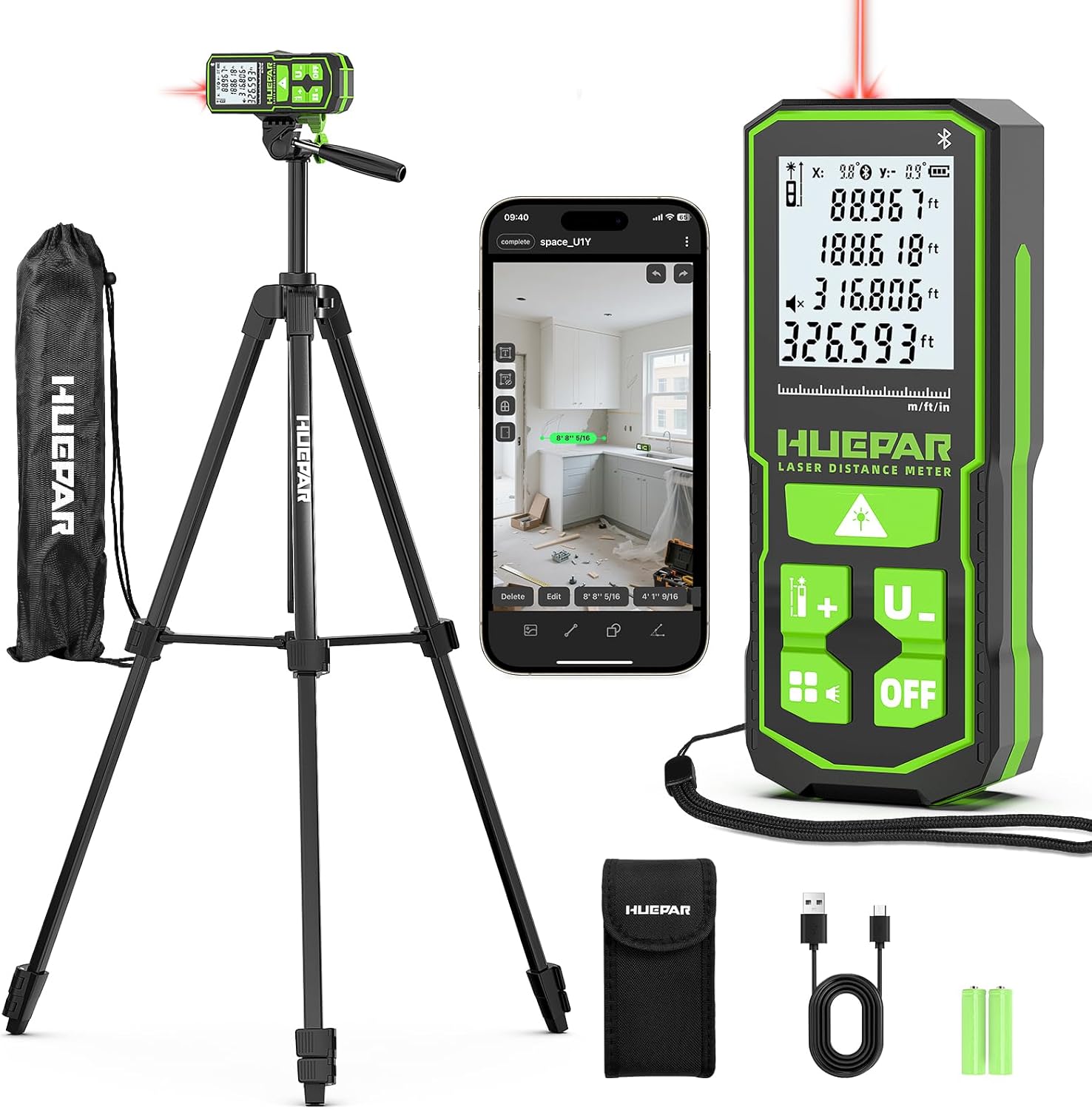 Laser Distance Measure 395 Feet with 60 Inch Tripod, Huepar Laser Distance Meter with Bluetooth & APP, Angle Sensor, 1/16in Accuracy Rechargeable Laser Measuring Tool, M/in/Ft Unit, Pythagorean Mode