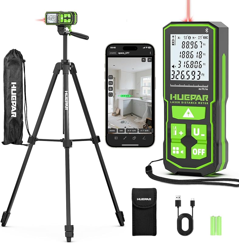 Medida de distancia láser 395 pies con trípode de 60 pulgadas, medidor de distancia láser Huepar con Bluetooth y APLICACIÓN, sensor de ángulo, herramienta de medición láser recargable de precisión de 1/16 pulgadas, unidad M/in/Ft, modo pitagórico