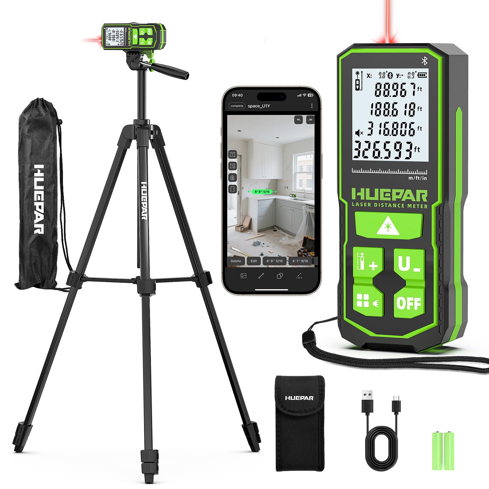 Laser Distance Measure 395 Feet with 60 Inch Tripod, Huepar Laser Distance Meter with Bluetooth & APP, Angle Sensor, 1/16in Accuracy Rechargeable Laser Measuring Tool, M/in/Ft Unit, Pythagorean Mode