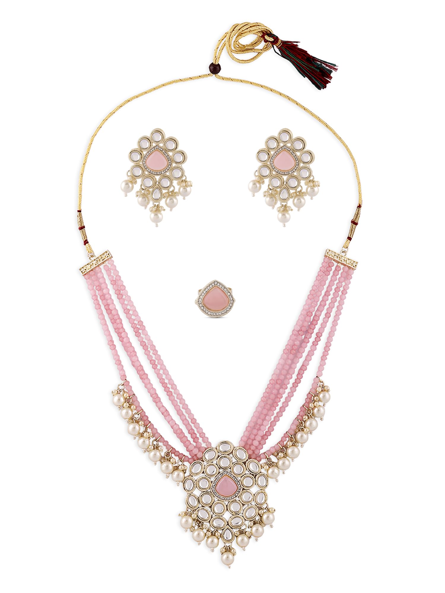 ZAVERI PEARLS Pink Multistrand Crystal Kundan & Beads Necklace Earring & Ring Set For Women-ZPFK16653 (B0CKTLLD6L) Amazon Price History, Amazon Price Tracker