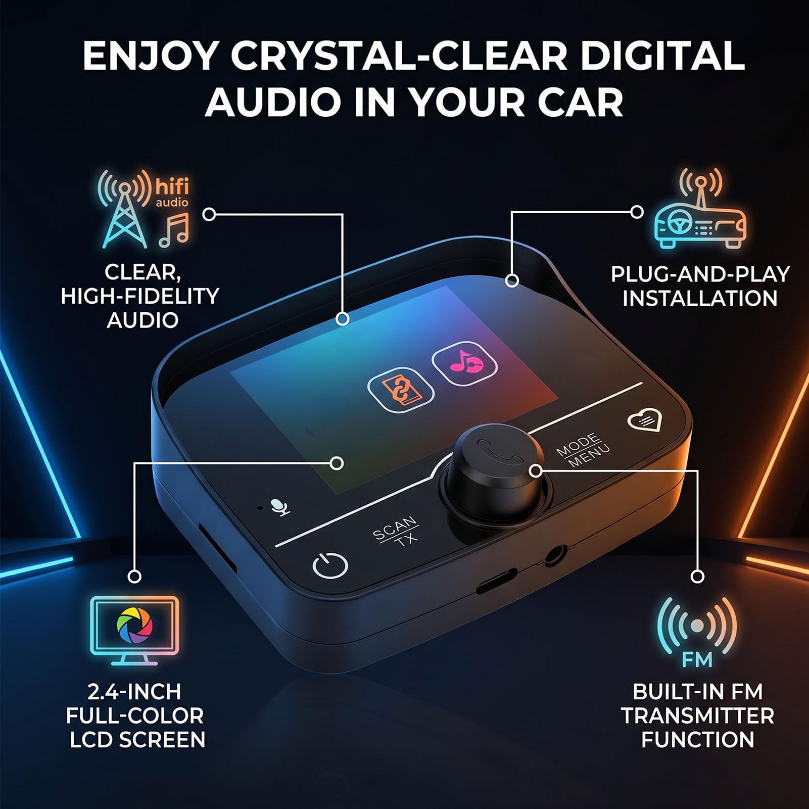 Receptor de Radio Dab para Coche de 2.4 Pulgadas con Bluetooth Transmisor FM Manos Libres para Salpicadero