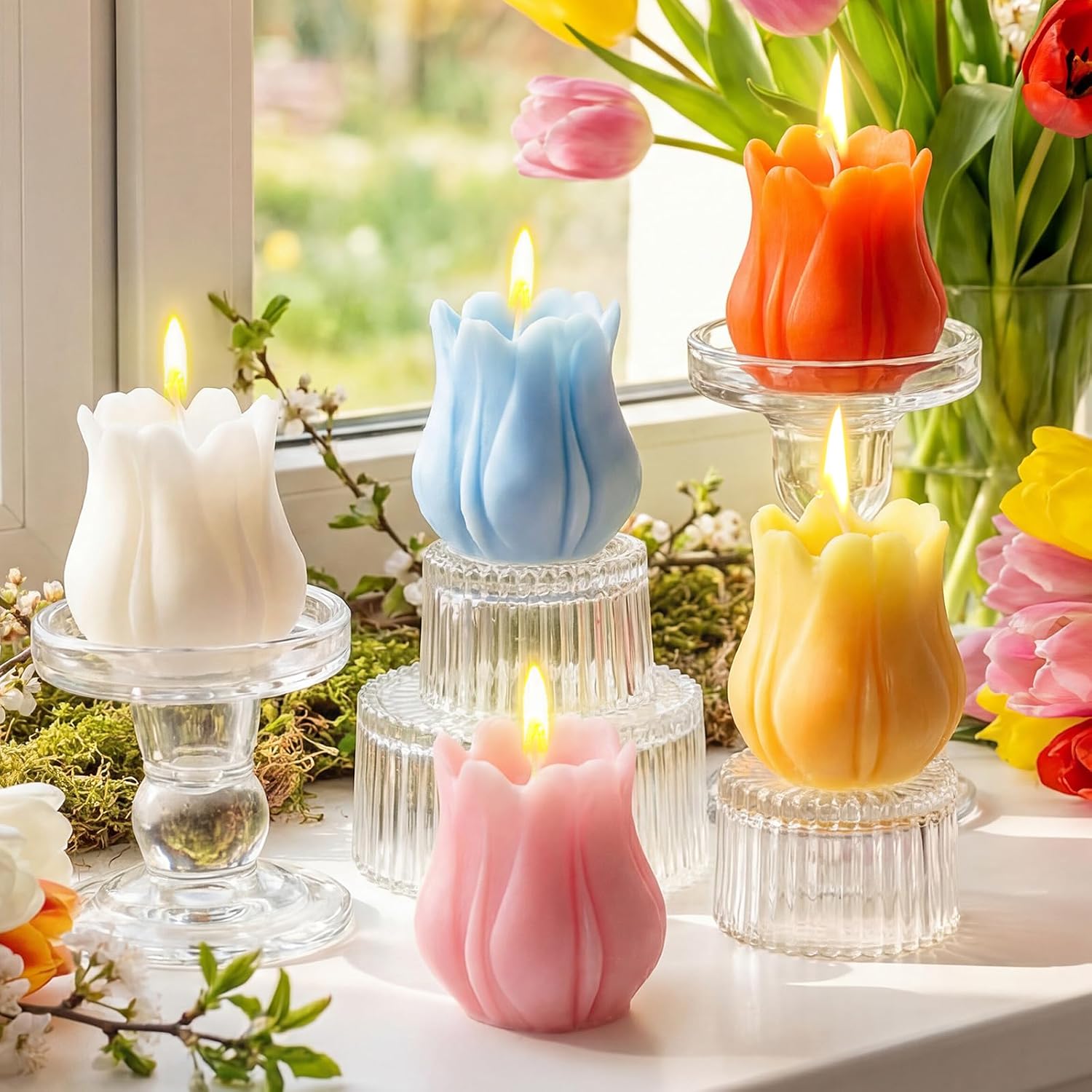 5 Pcs Spring Tulips Flower Candle Pastel Easter Spring Flower Shaped Burning Tea Candle Tulips Decor Gift Unscented for Home Table Centerpiece Easter Party Decorations Supplies