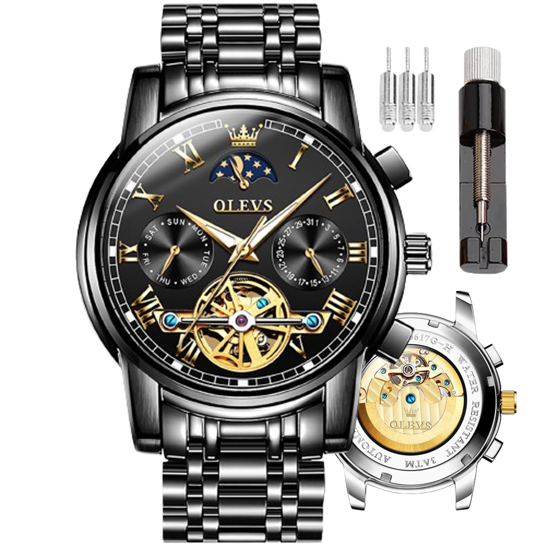 OLEVS Orologio automatico da uomo, oro argento Tone in acciaio inossidabile autoadesivo, orologio da vento di lusso per uomo, con funzione di rotazione automatica, Quadrante blu/cinturino in acciaio