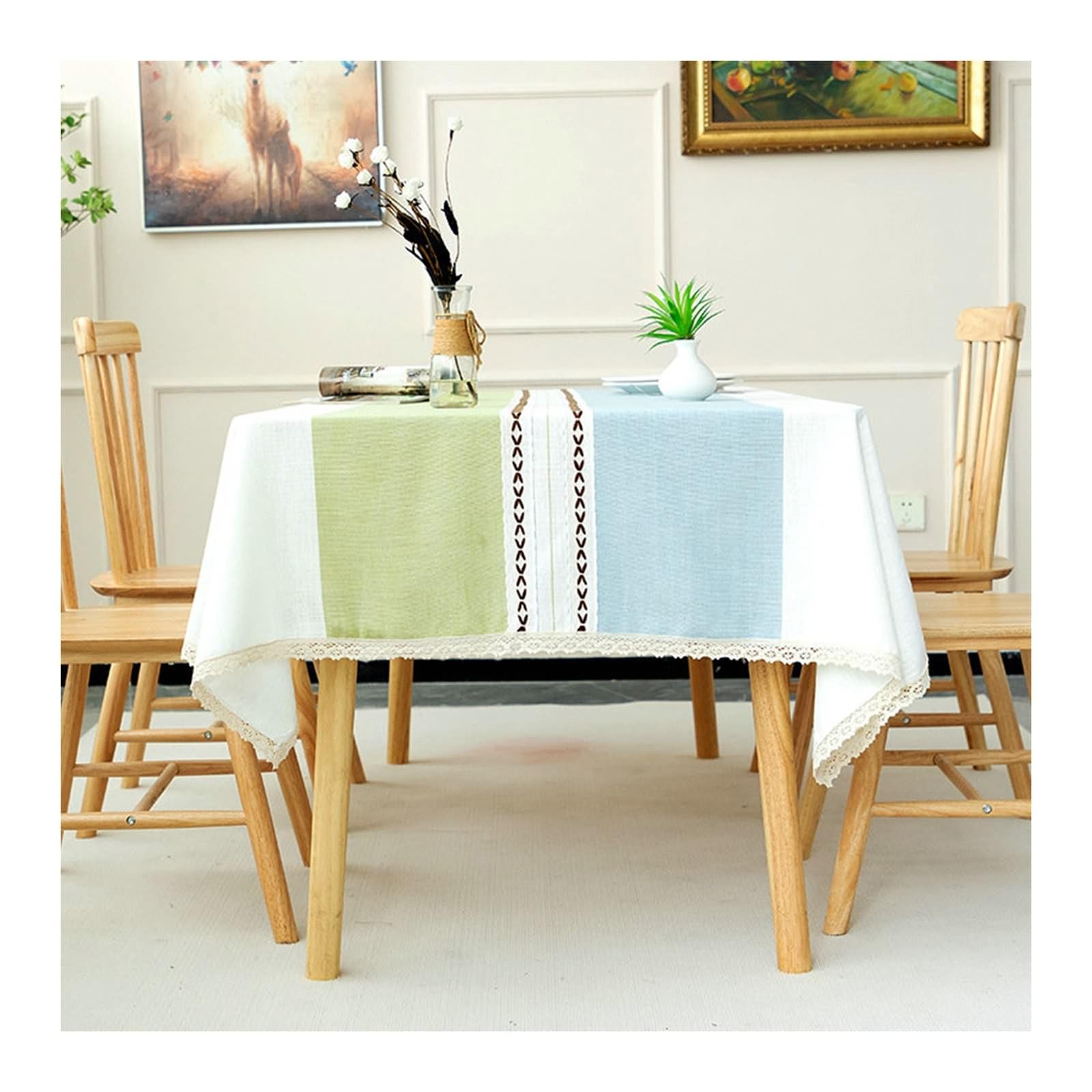 Mantel rectangular moderno de poliéster, mantel lavable a rayas con borde de encaje, mantel para mesas de casa, restaurante, café y hotel azul verde, 140 x 180 cm