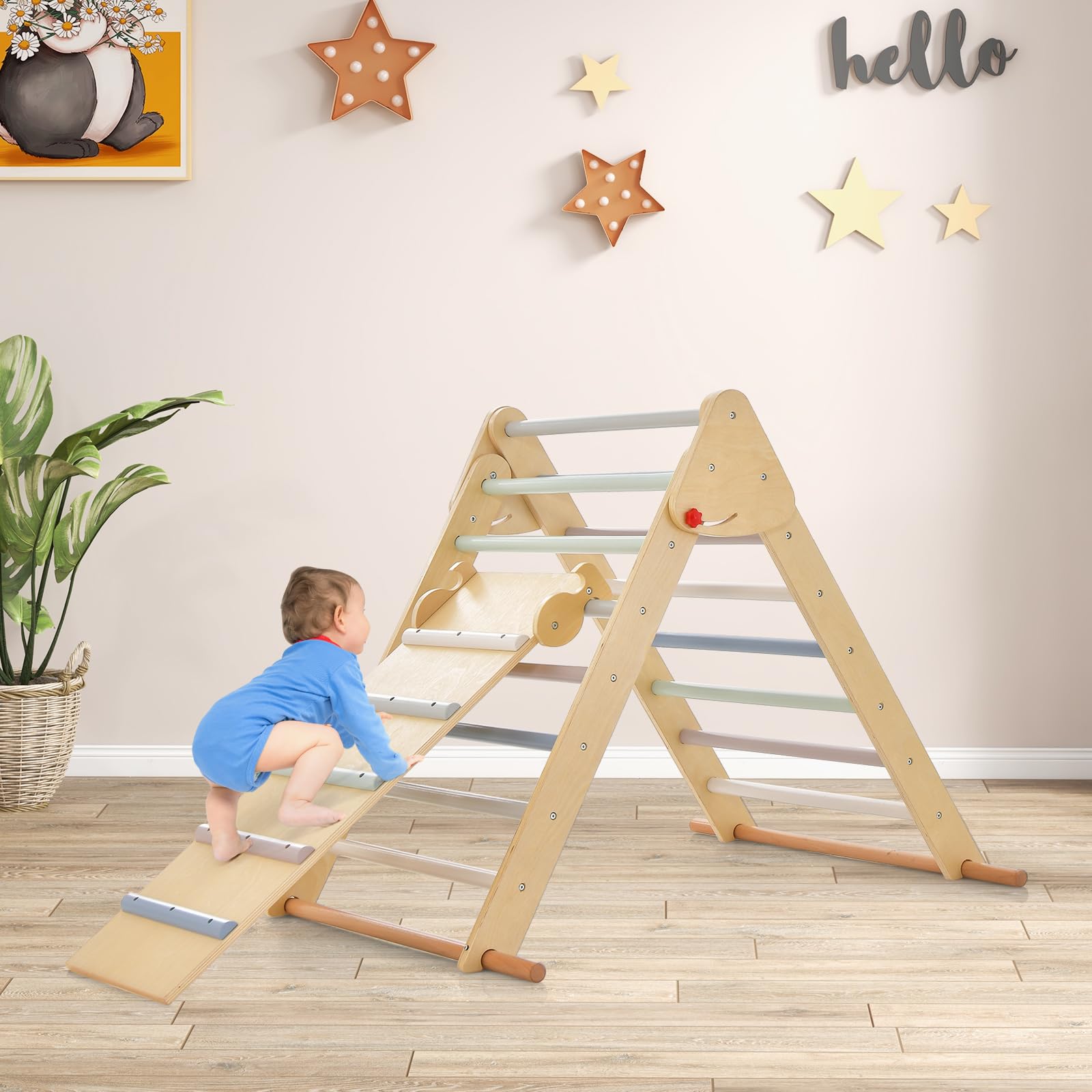 OLAKIDS Pikler Triangle Set 3 in 1 Climbing Toys for Toddlers Foldable Wood Montessori Baby Jungle Gym with Ramp Ladder Slide Kids Indoor Playground Activity Play Structure
