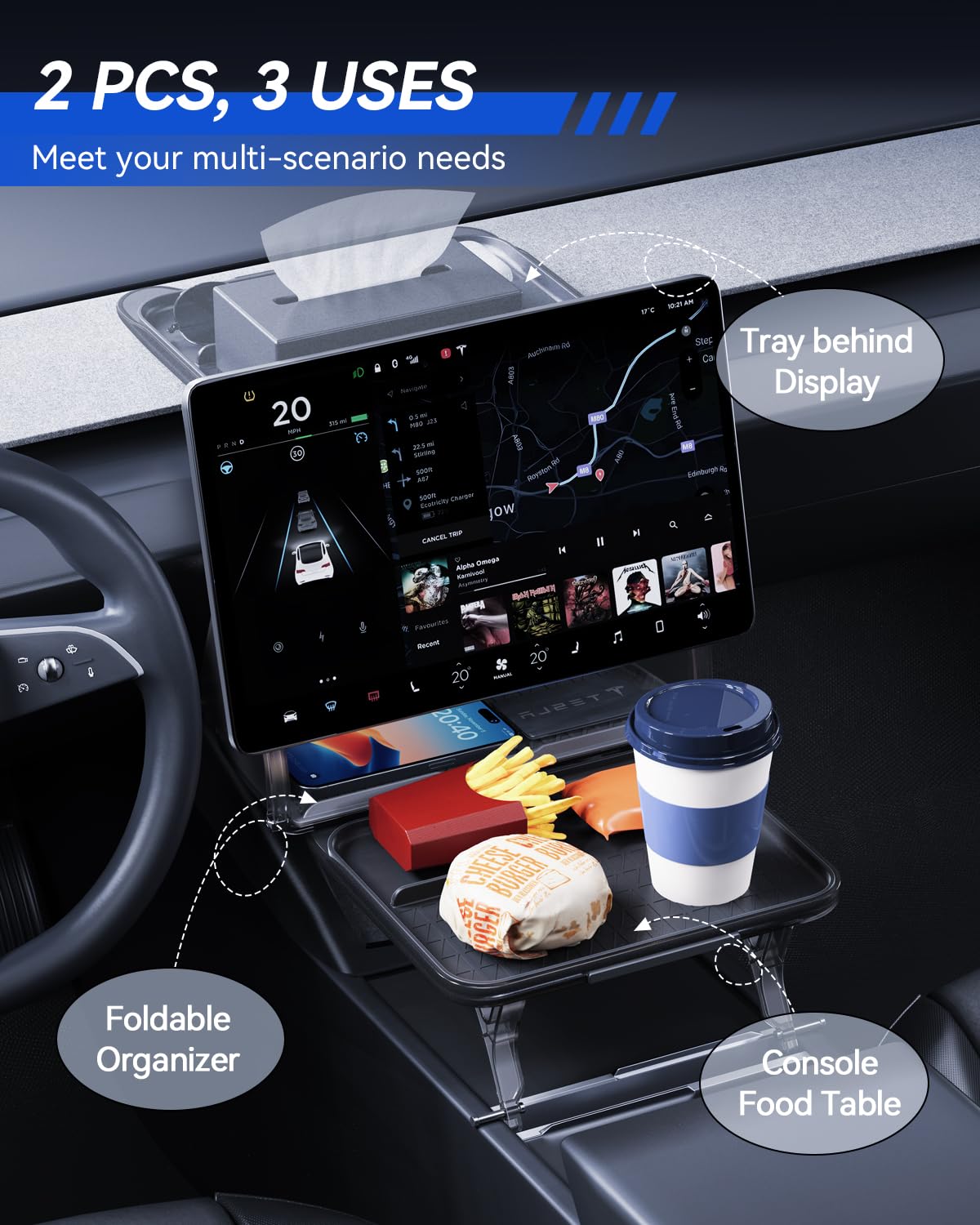3-in-1 Organizer sotto Display per Tesla Model Y 2020-2025 e Model 3 2016-2025 Piccolo tavolo portaoggetti dietro lo schermo Tesla Juniper Highland Accessori