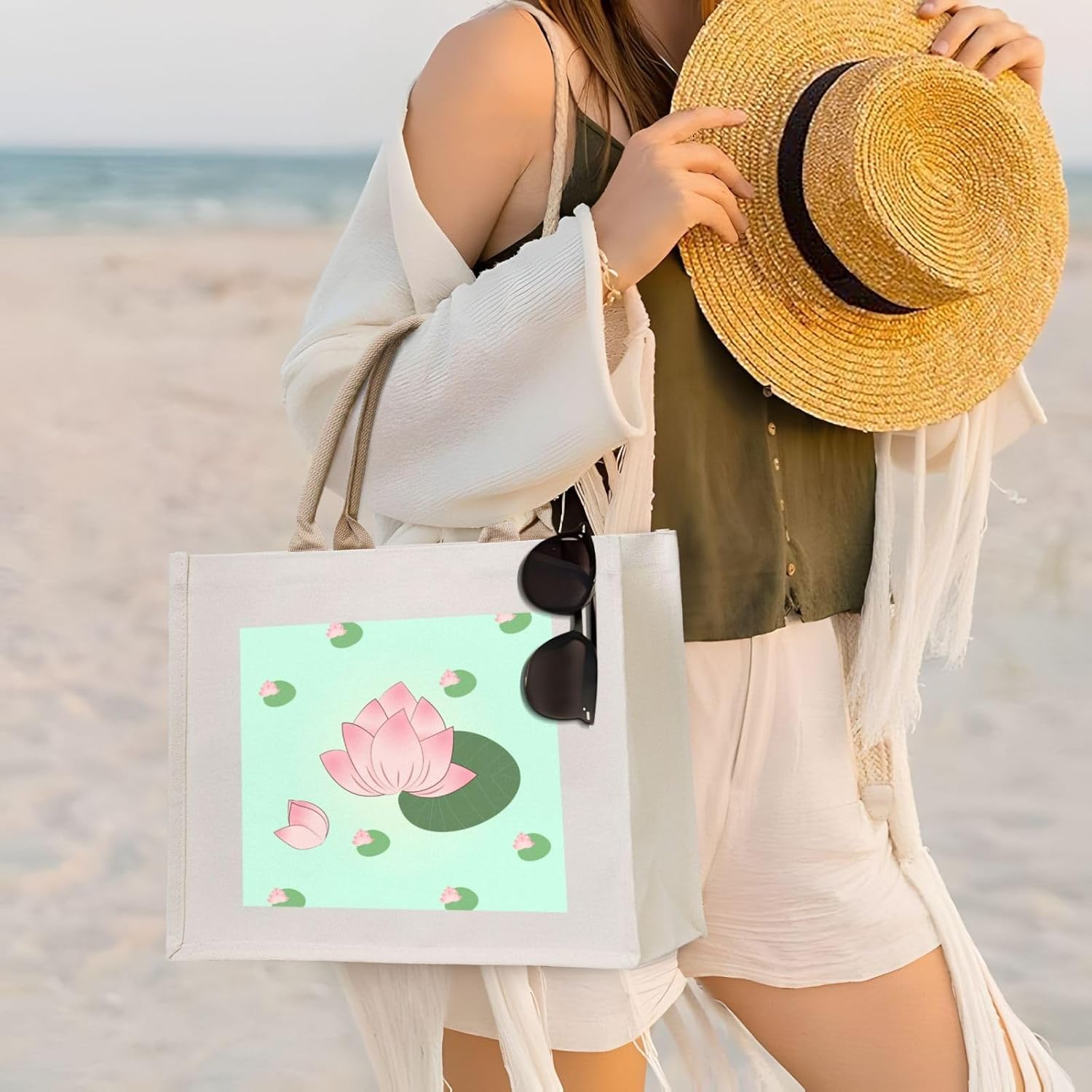 蓮の花が咲くのを待っているキャンバスキャリートートバッグ &ndash; エコフレンドリー 再利用可能なショッピングバッグ、女性用ショルダーバッ