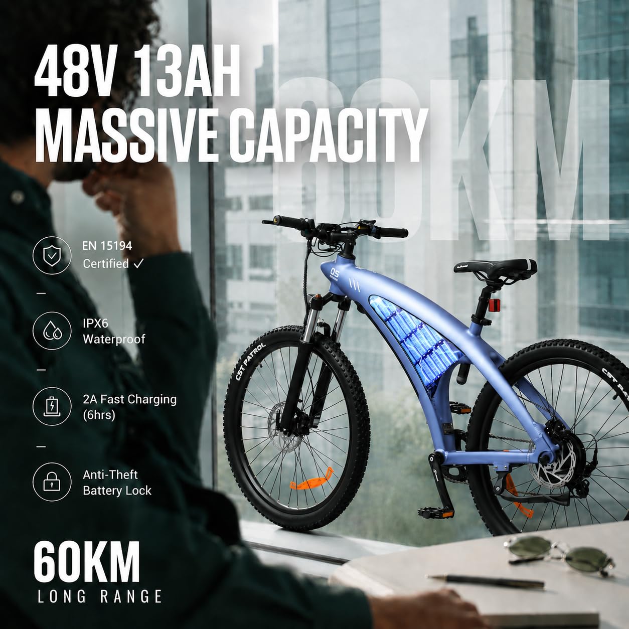 HX Q5 Shark Vélo Électrique Homme,27.5" VTT Électrique Adulte Ville Trajet Quotidien,85Nm 13/20Ah Batterie Amovible,Jusqu’à 60-220KM,Susp. & Freins Hydrauliques,EBike Cyclisme pour Tout-Terrain