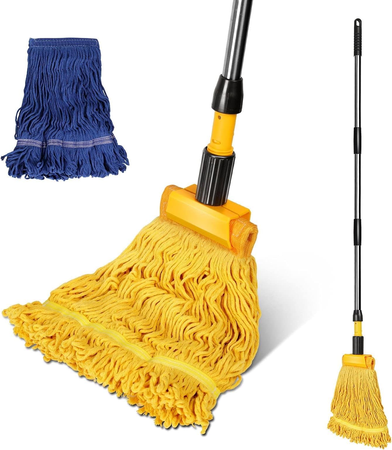 Masthome Industrial Mop Heavy Duty-130-165cm Adjustable Stainless Steel Handle-Looped-End Cotton Mop with Jaw Clamp-2 Reusable Heads for Commercial Home