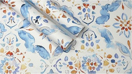 Miniatura 8 de HAOKHOME Papel tapiz geométrico para despegar y pegar, diseño de damasco floral azulblancorojo, papel de pared extraíble, decoración moderna del