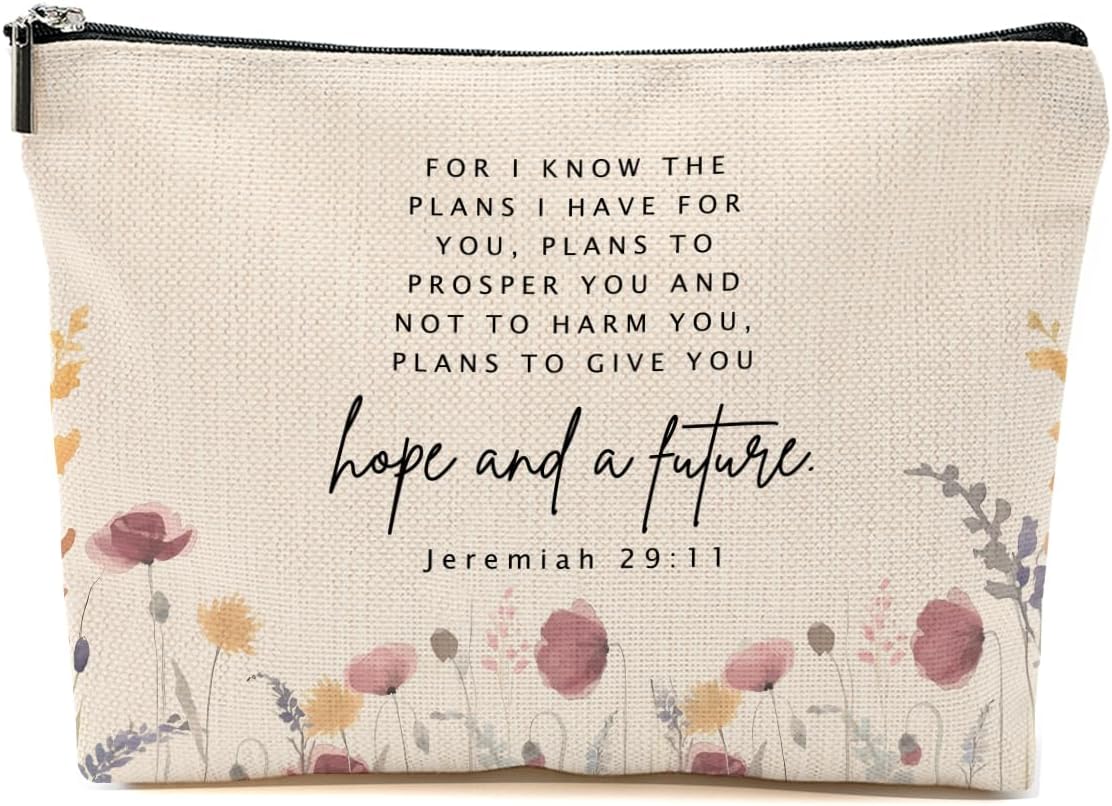 Watercolor Wildflower Makeup Bag for Women, Bible Verse Portable Travel Organizer Toiletry Cosmetic Bag with Zipper, Roomy Makeup Bags Skincare Pouch Travel Accessories, Christian Gifts