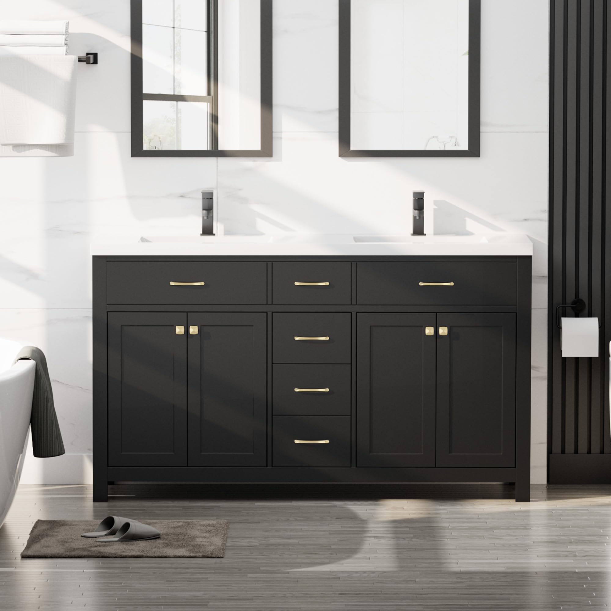 LUCKWIND 60-inch black vanity with double sink, four doors, and three drawers