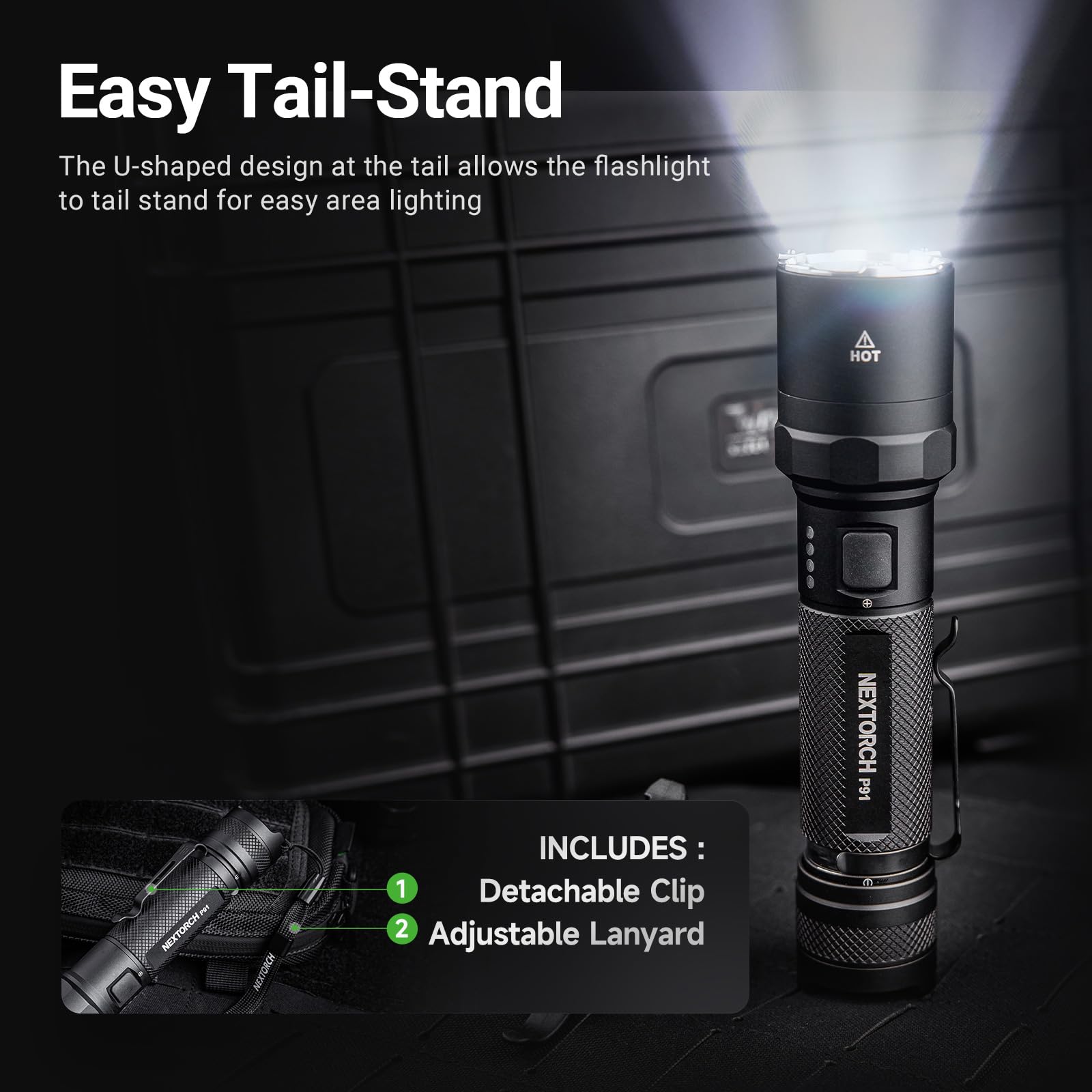NEXTORCH P91 Taktische Taschenlampe 5000 Lumen, Extrem Hell LED mit Dual-Schalter & 6 Modi, Aufladbare mit Stroboskop & Keramik-Glasbrecher für Nachtdienst, Strafverfolgung, Suche & Rettung, IPX7