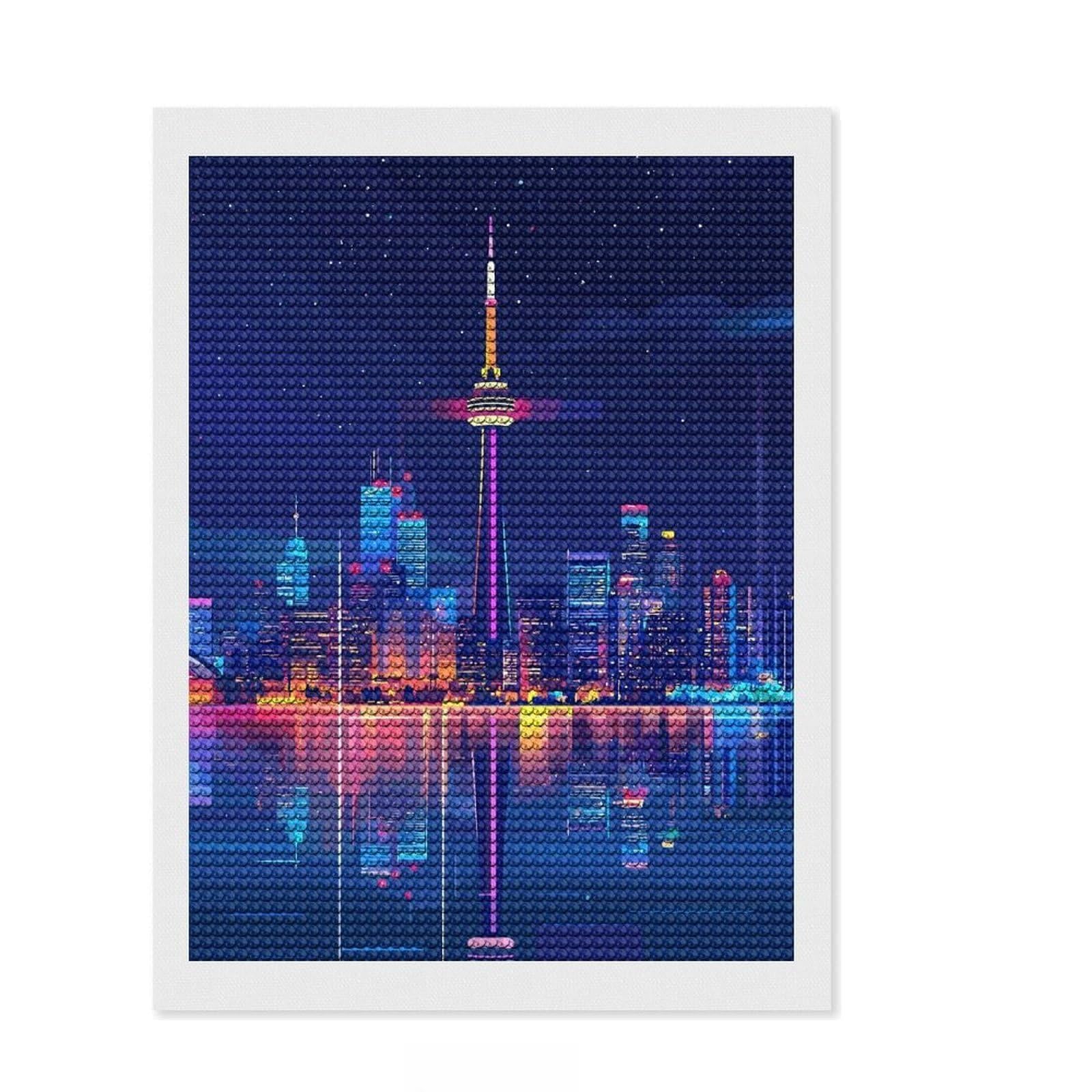 Junmoney Toronto Skyline at Night Round Drill Diamond Painting 12"x16", Relaxing DIY Hobby, Sparkling Round Gems, Modern Decor, for Adults