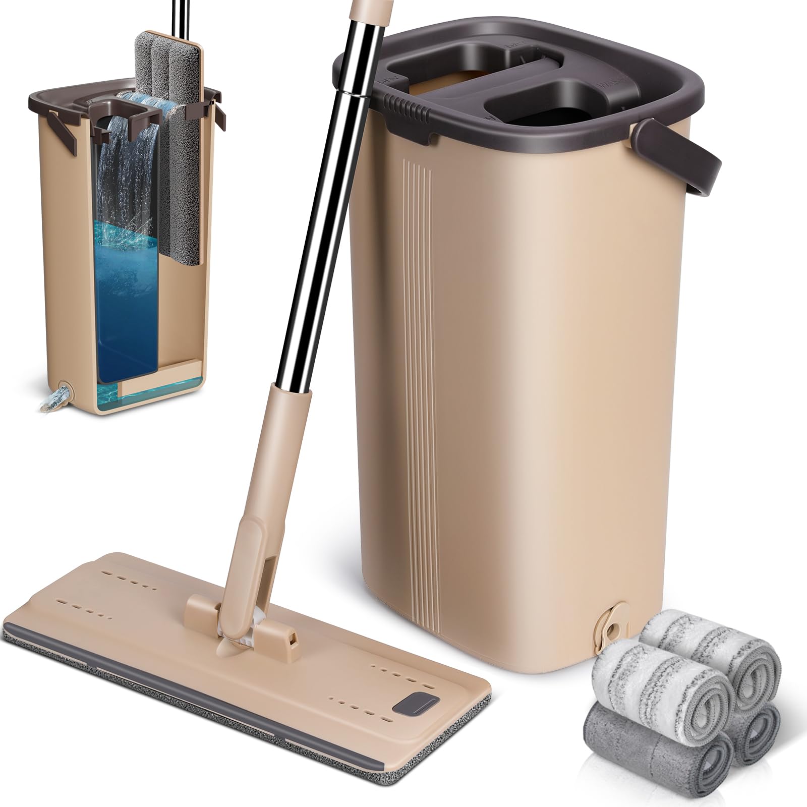 MASTERTOP Balai Plat Microfibre et Seau Essoreur, Serpillère Rotative 360° et Seau de Système Auto-Lavage pour Nettoyage de Sol Humide & Sec, avec 4 Tampons (Beige)