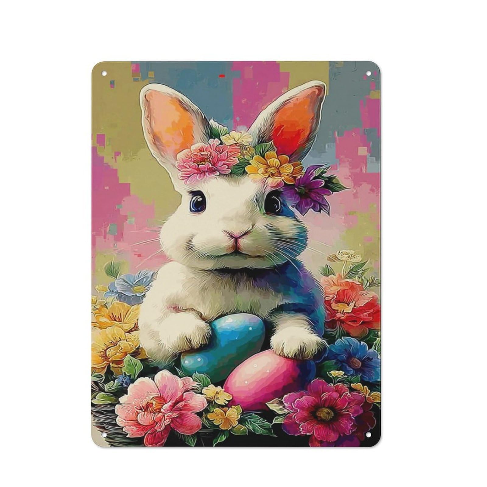 Junmoney Spring Bunny With Eggs And Flowers Decorative Tin Sign With Design 40X30cm, Nostalgic Old Style Wall Plaque For Living Room, Hallway, Kitchen Or Cafe